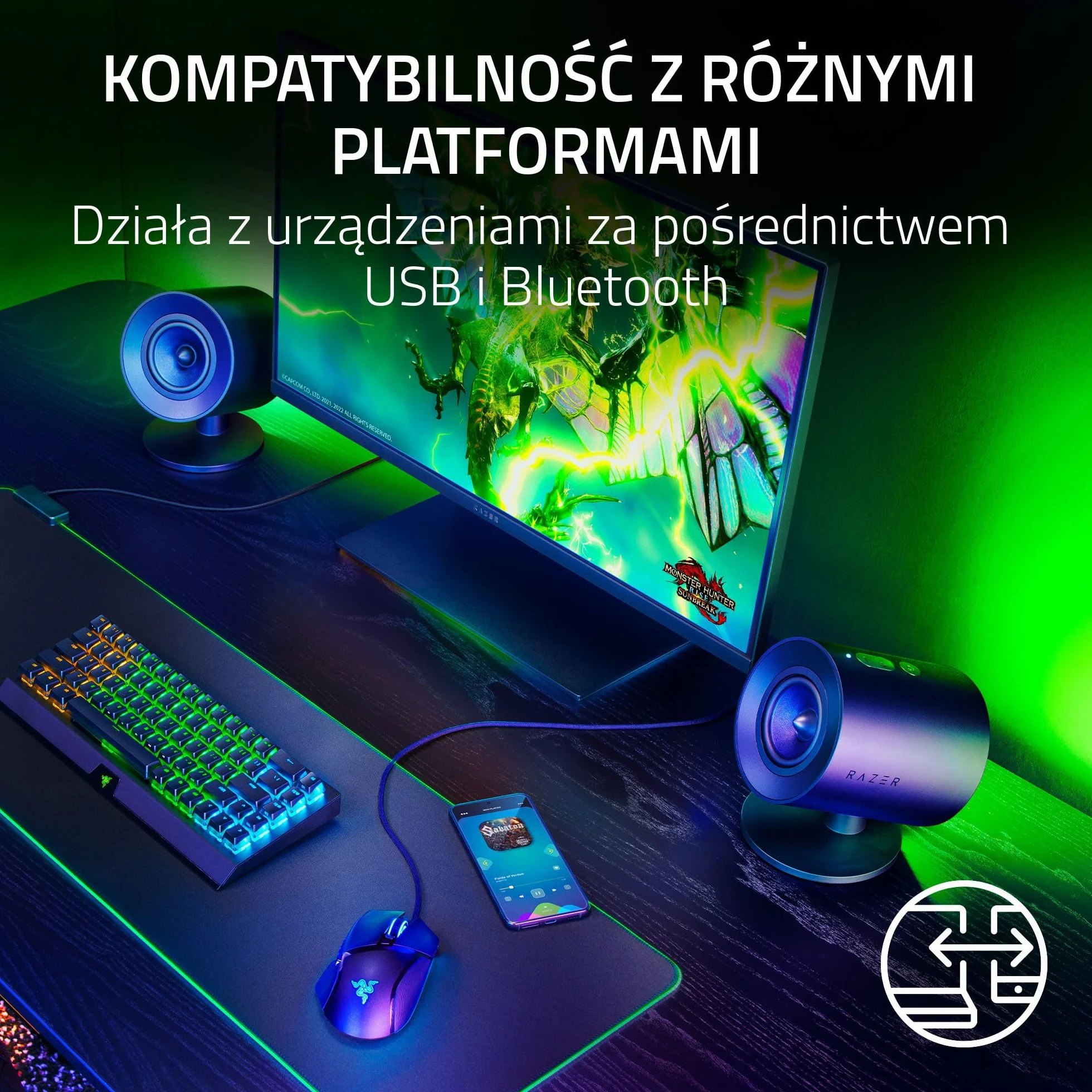 Razer Nommo V2 2.1 szerokopasmowe głośniki do gier PC z subwooferem przewodowym THX Audio Czarny