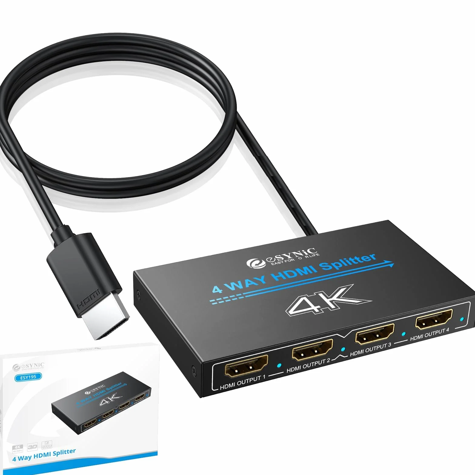 eSynic Rozdzielacz HDMI 1 w 4 4K 30 Hz 3D z 1m Kabel HDMI HDCP 1.4 Bypass 1X4 metalowa obudowa