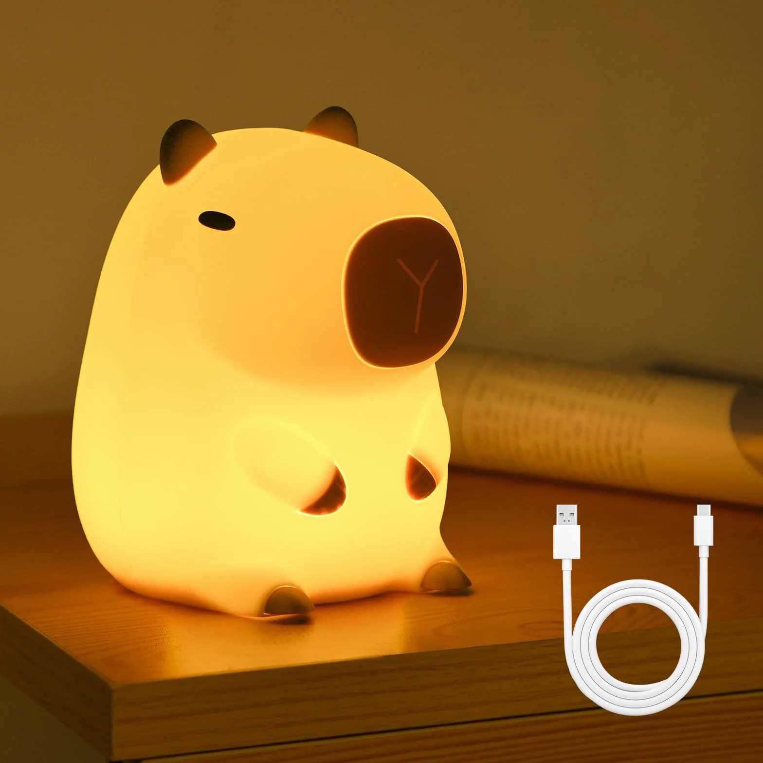 URAQT Lampka nocna z kapibarą dla dzieci, lampka nocna z funkcją dotykowego sterowania kapibarą, ładowanie i timer przez USB, ściemniana silikonowa lampka nocna