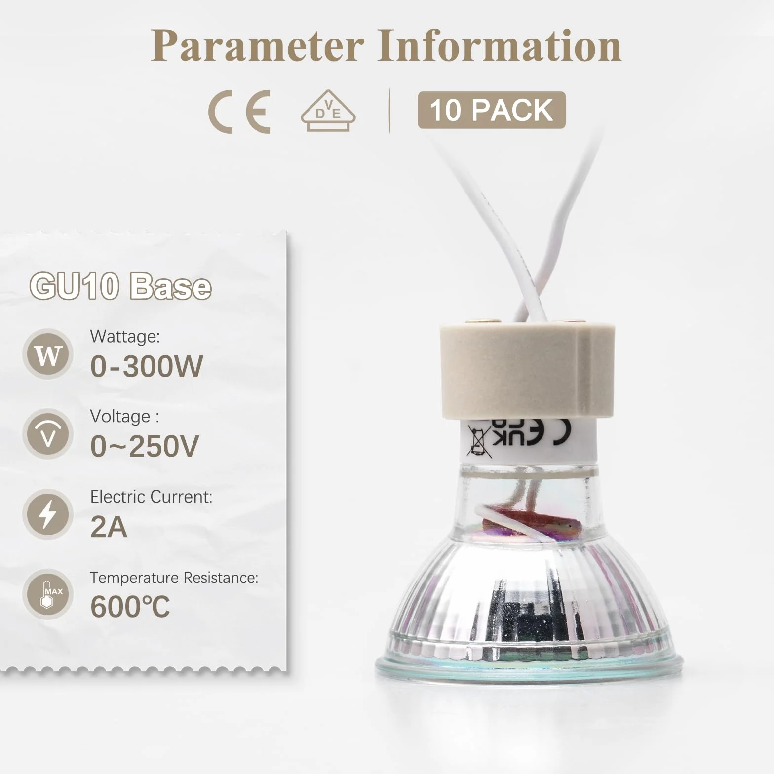 DiCUNO GU10 uchwyt lampy 0,75 mm² drut silikonowy złącze GU10 ceramiczna podstawa do LED i halogenów, 250 V, maks. 300 W, 10 sztuk