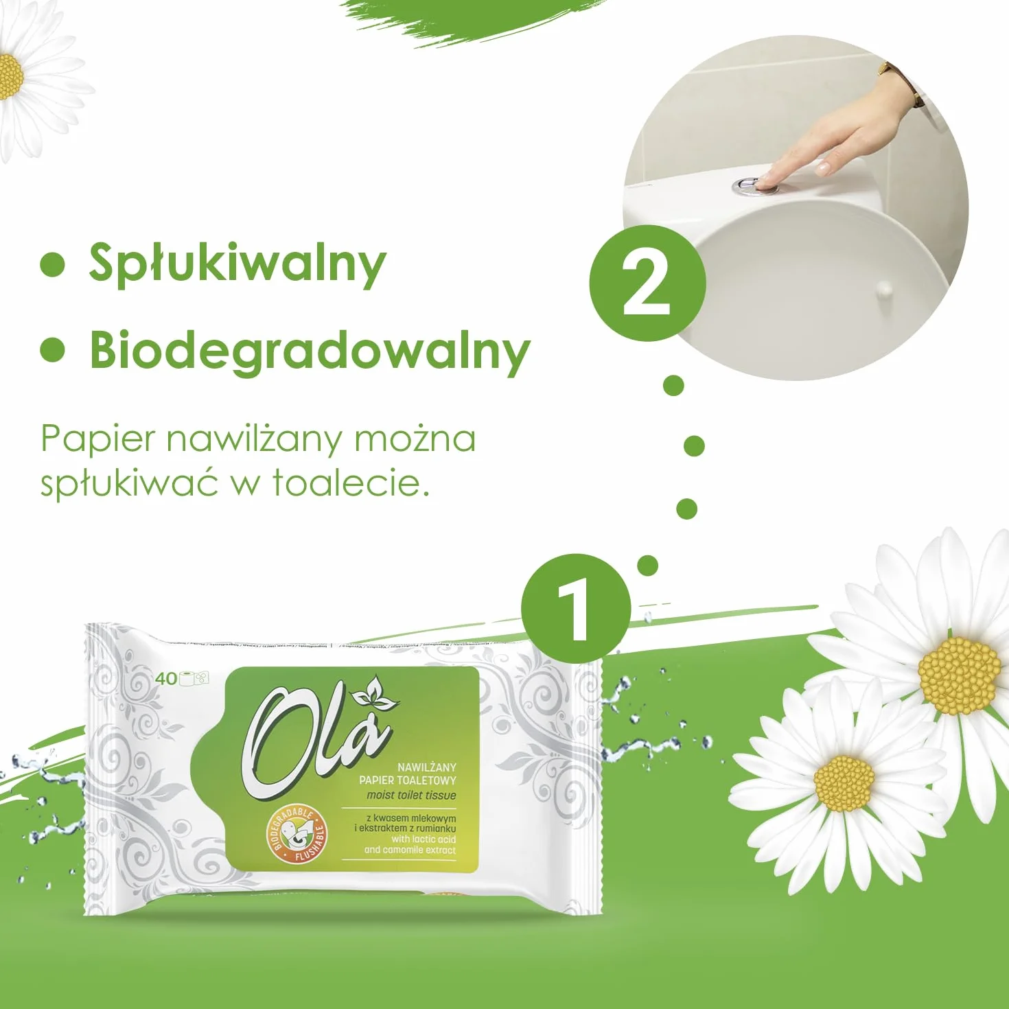 OLA Nawilżany papier toaletowy z ekstraktem z rumianku i kwasem mlekowym - spłukiwalny - Połączenie nawilżanego papieru i mokrej chusteczki - oczyszcza okolice intymne - do skóry wrażliwej - 40 sztuk