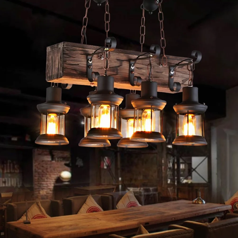 Lampa wisząca w stylu vintage, E27, rustykalna, drewniana belka, Edison, wisząca lampa sufitowa, drewniana, z regulacją wysokości, industrialna lampa wisząca