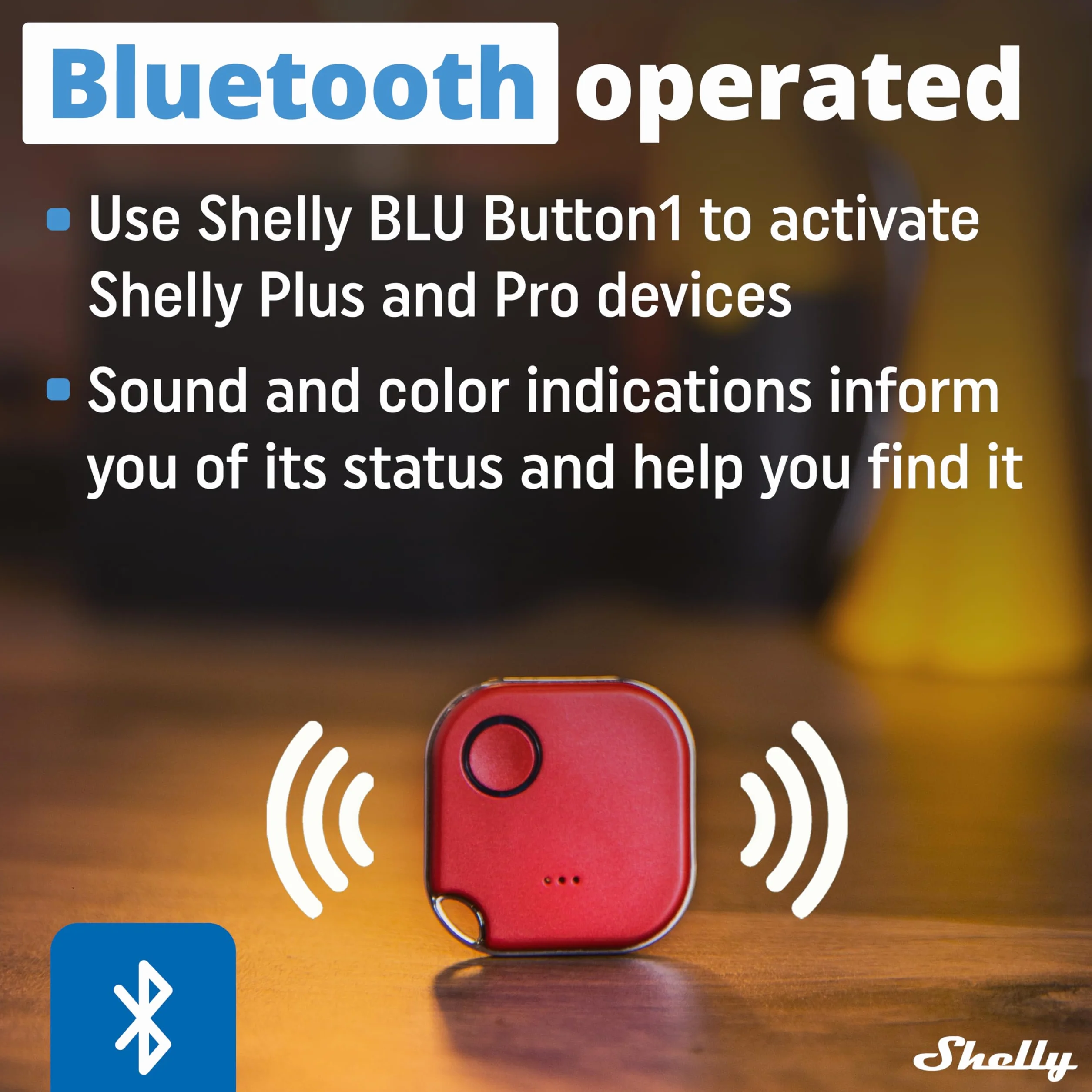 Shelly BLU Button 1 - Czerwony, Bluetooth-sterowany przycisk aktywacji akcji i scen, automatyka domowa, iOS i Android, nie wymaga huba, długi czas pracy na baterii, wskaźnik LED, szeroki zasięg.
