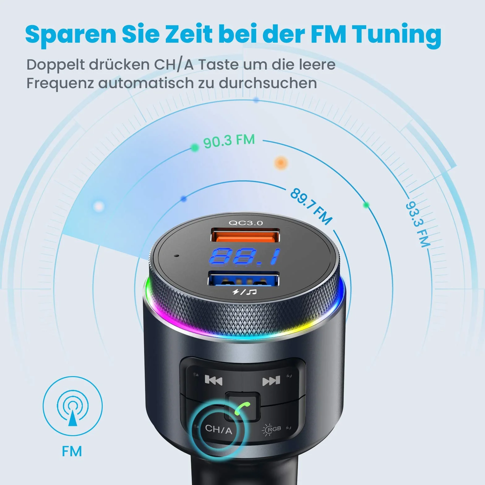 ANSTA Automatyczny nadajnik Bluetooth FM QC3.0 RGB podświetlenie podwójny mikrofon