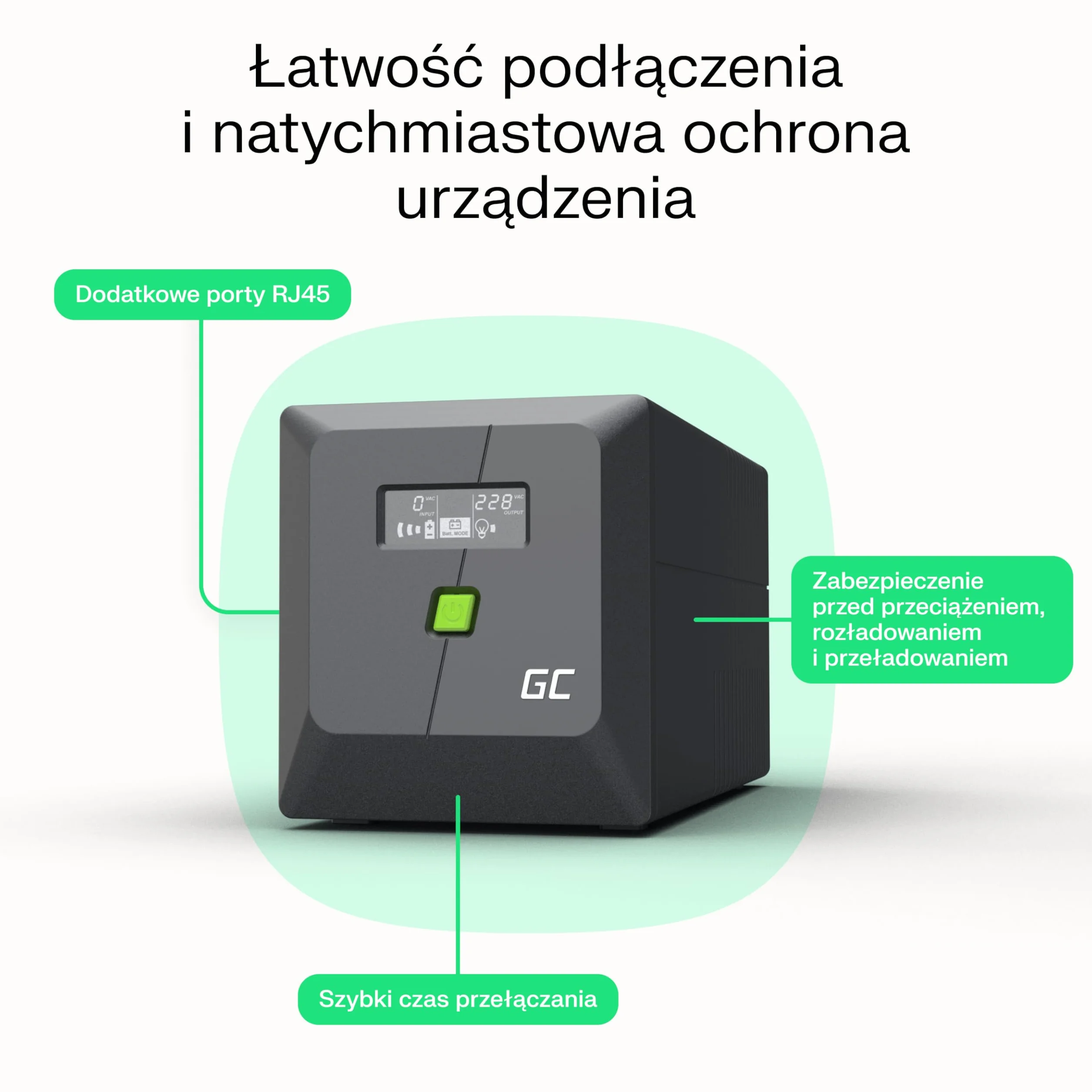 Greencell UPS 1500VA 1050W PowerProof LCD Zmodyfikowana Fala Sinusoidalna Ochrona przed Przepięciem Awaryjne Zasilanie