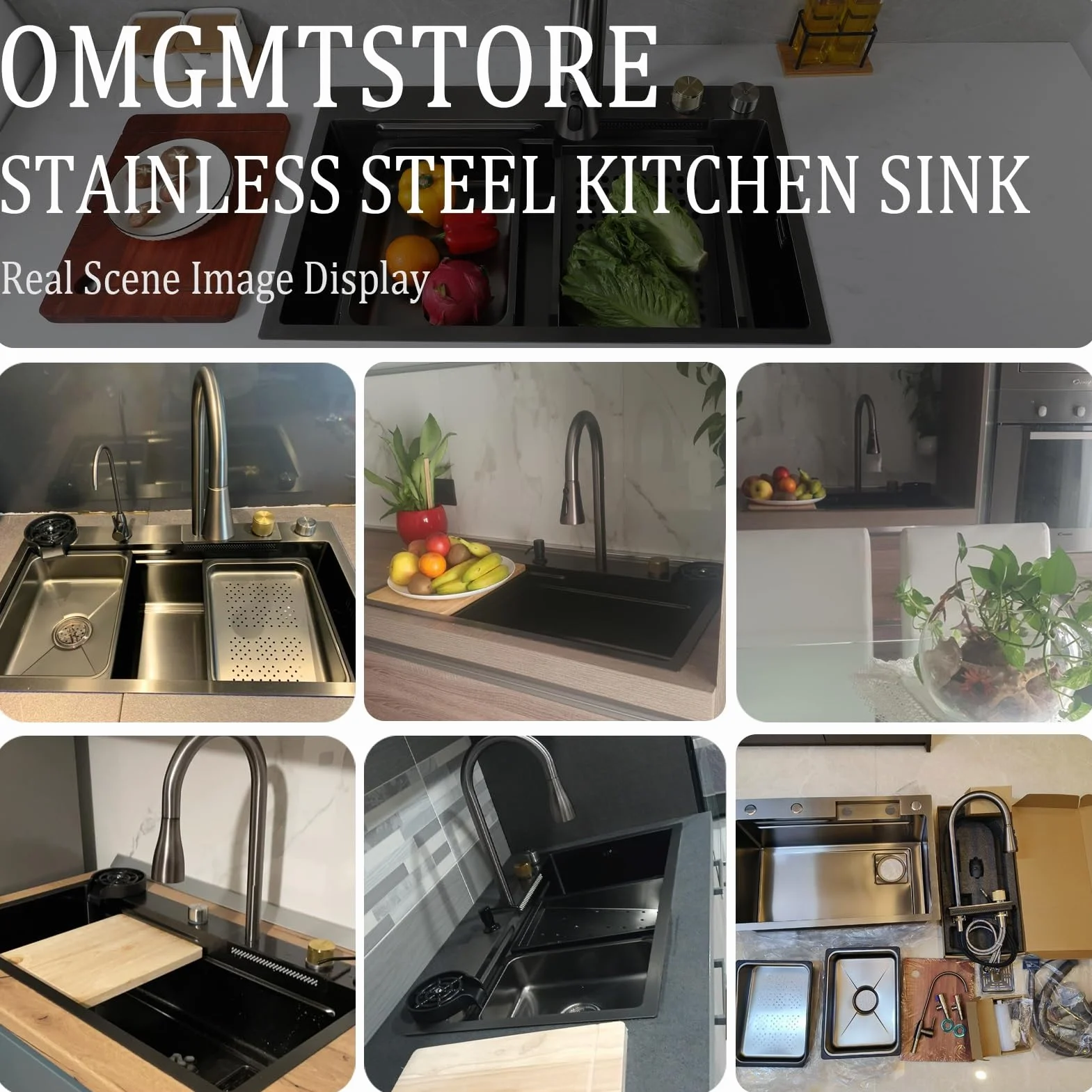 Waterfall Kitchen Sink Stainless Steel Top Mount Sink Black Nano Single Bowl Sink Multifunctional Workstation Sink With Pull-out Faucet, Glass Cup Washer, Drain Basin, Drainage Assembly(80x45x22cm)