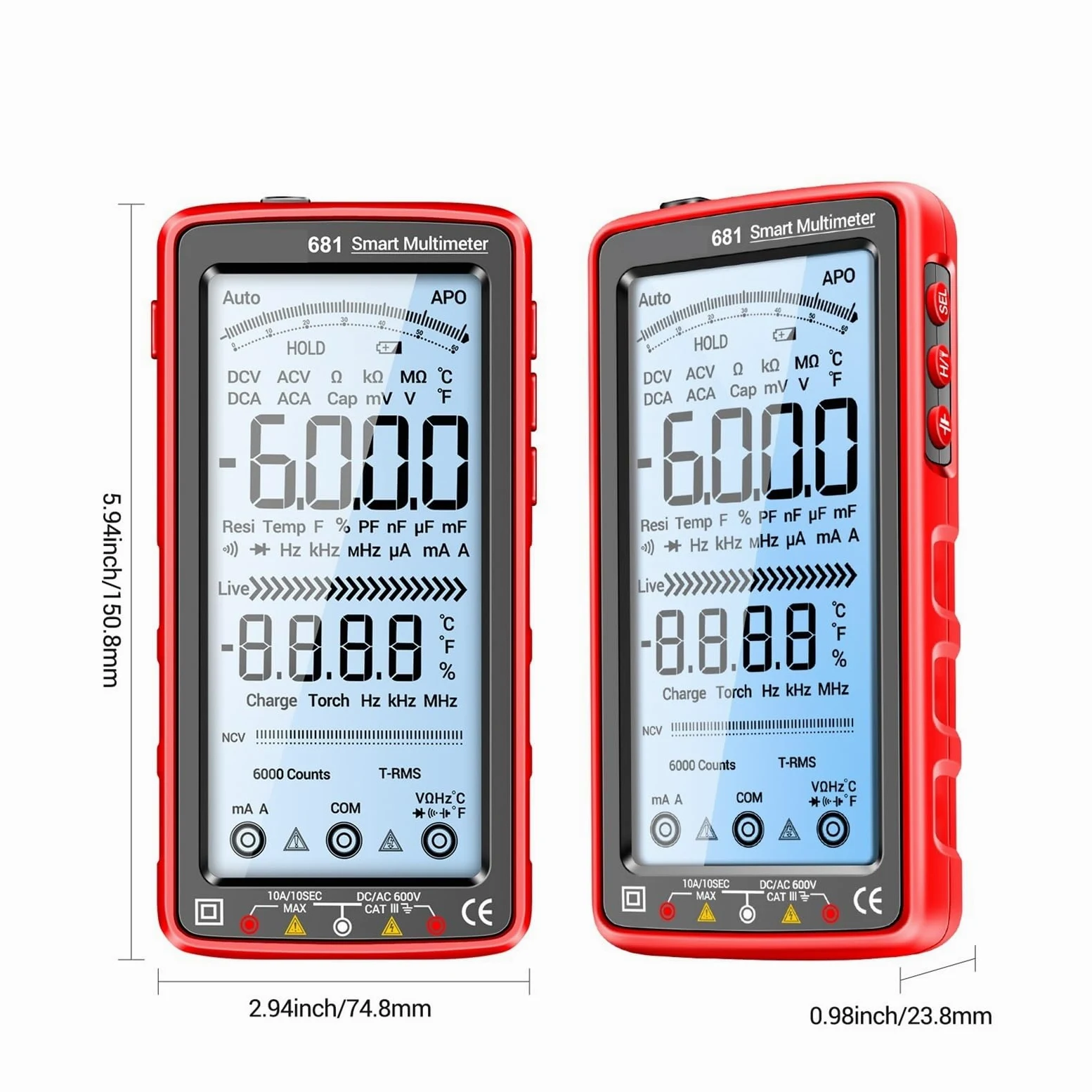 Multimetr Cyfrowy 6000 Zliczeń Smart Anti-burn Recharg Uniwersalny Miernik Tester NCV 5-calowa Podświetlana Latarka LCD(683 Red)