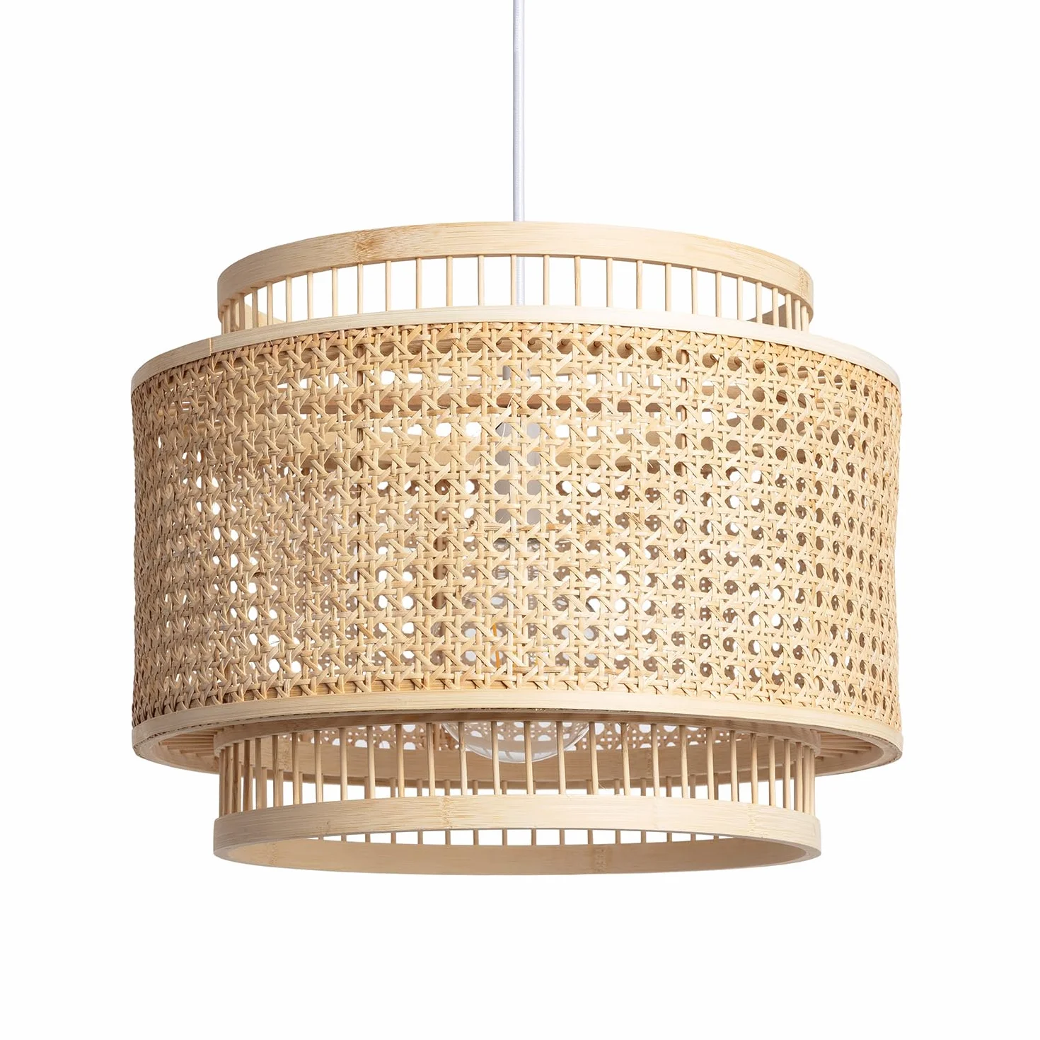 Ledkia Lampa Wisząca Bambusowa Bangkal Naturalna – Rustykalna Oprawa Sufitowa do Salonu i Sypialni w Stylu Boho. Elegancki Rattanowy Abażur z Dwoma Cylindrami, Gwint E27, Doskonała Dekoracja Wnętrz