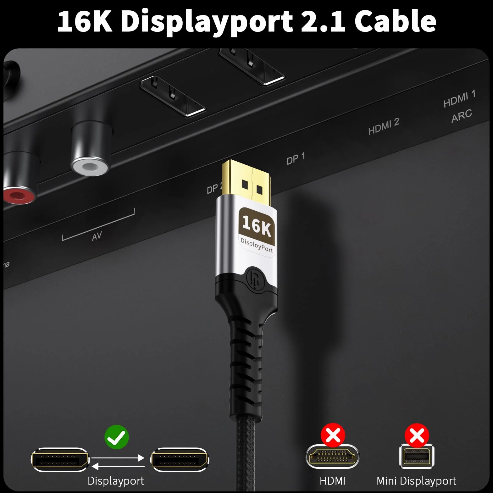 Kabel DisplayPort 2 m, kabel wyświetlacza 16K, obsługuje 80 GB/sek., 16K przy 60 Hz, 8K przy 120 Hz, 4K przy 240 Hz, HDR, DSC 1.2a, FreeSync, G-Sync, kabel DP 2.1 do monitora do gier, karty