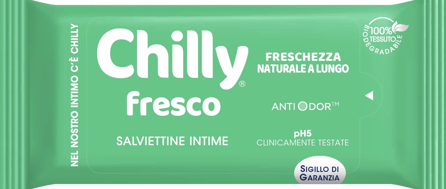 Chilly Świeże chusteczki do higieny intymnej, działanie ochronne z naturalnym mentolem, do codziennego użytku, testowane klinicznie, pH 5, 1 opakowanie z 12 chusteczkami