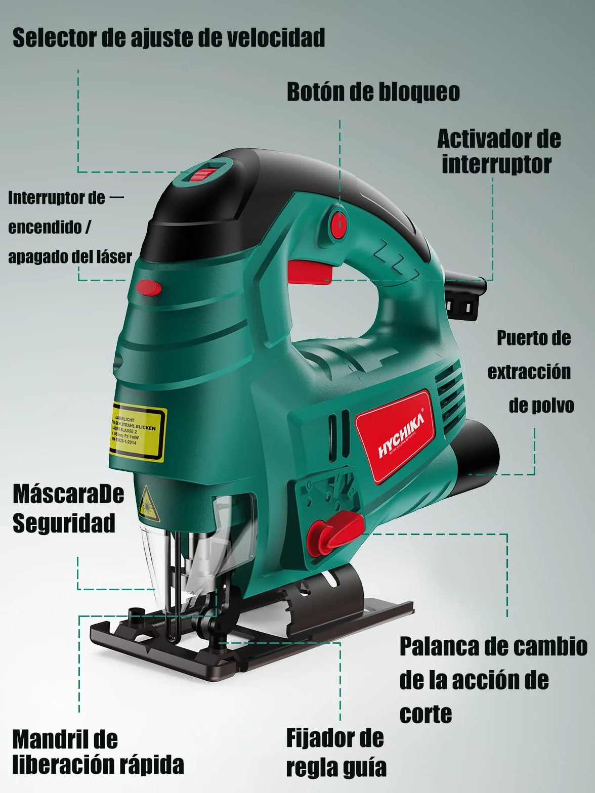 Wyrzynarka HYCHIKA 800W, z mocnym silnikiem miedzianym, 800-3000RPM obrotów na minutę z 7 zmiennymi prędkościami, 4 zestawy orbit, kąt nachylenia ±45°, 6 brzeszczotów, przewód 2 metry