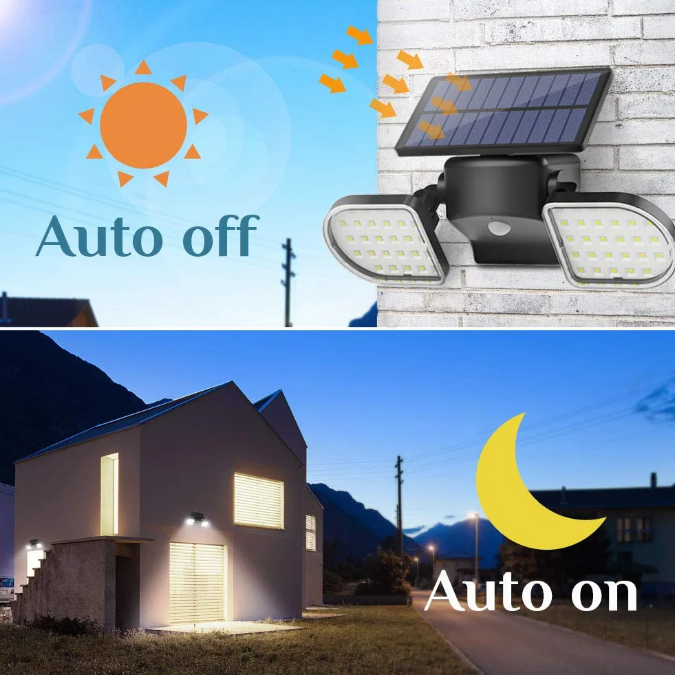OUSFOT Zewnętrzne światło słoneczne, 56 diod LED, zewnętrzne oświetlenie solarne 360°, regulowana lampa słoneczna, czujnik ruchu, do ogrodu, garażu