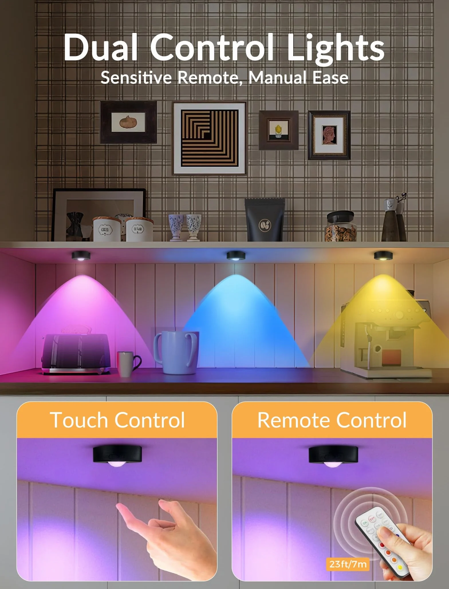 MERTTURM Unterbauleuchte LED z Funkcją Zmiany Koloru, 3 Temperatury Barwowe & RGB LED Spoty, Regulacja Jasności, Ładowanie USB, Akumulator, Magnetyczna Instalacja, Oświetlenie do Szafek i Witryn, 3pcs