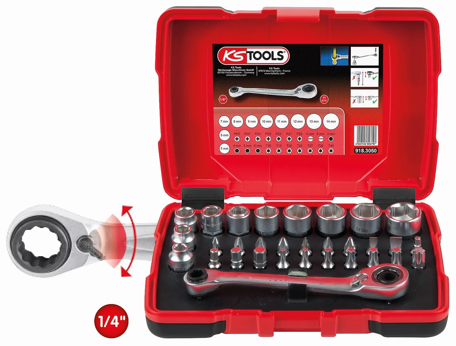 KS Tools 918.3050 1/4" + 11 mm klucz do gniazd przelotowych i zestaw bitów, 31-szt