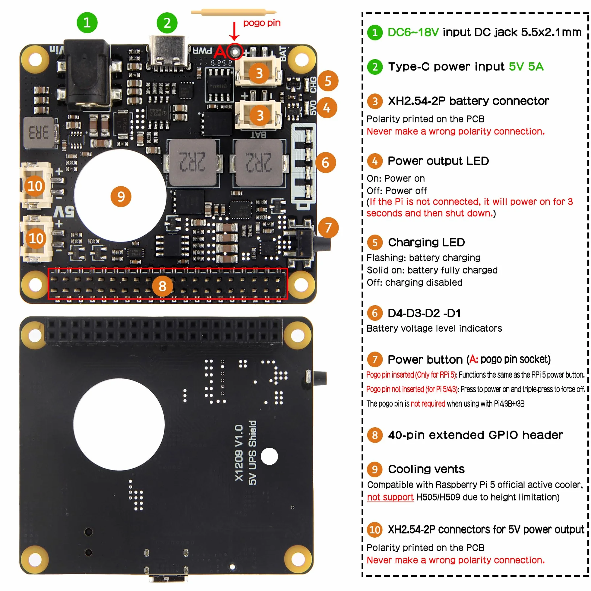 Geekworm X1209 5.1V 6A UPS HAT with Wide 6-18V Input for Raspberry Pi 5/4B/3B+/3B