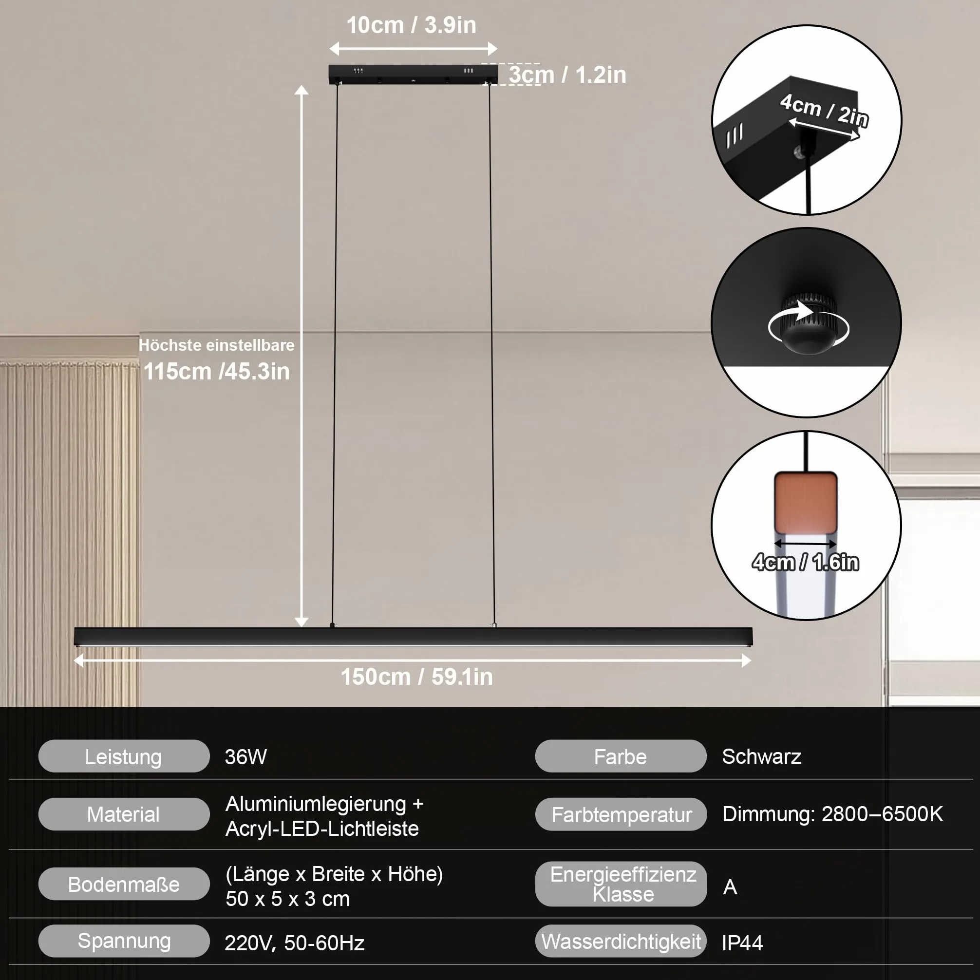 YRHome Nowoczesna lampa wisząca LED, 60 W, ściemniana, z regulacją wysokości, lampa wisząca z pilotem zdalnego sterowania, liniowa konstrukcja, lampa sufitowa do salonu, kuchni, sypialni, biura