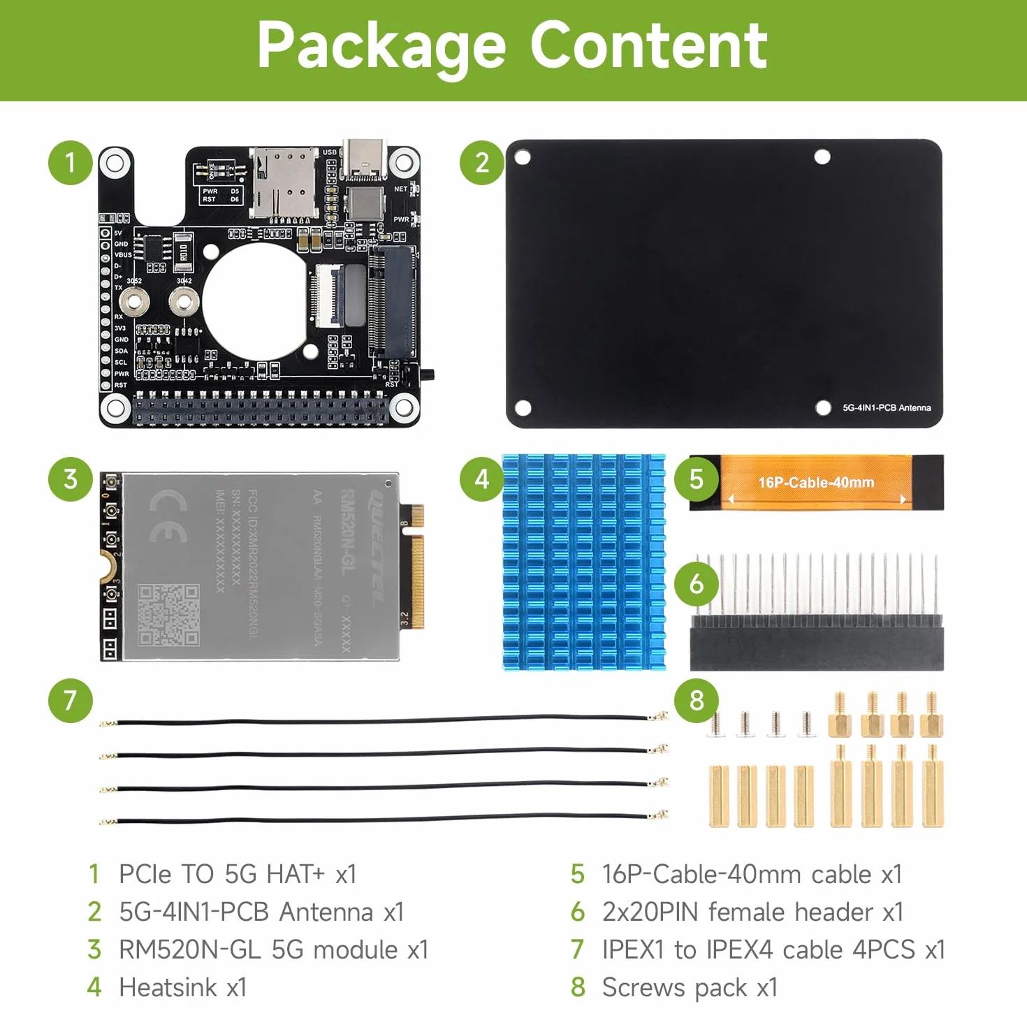 Waveshare PCIe to 5G HAT for Raspberry Pi 5, RM520N-GL 5G Module, SIMCom/Quectel Compatible