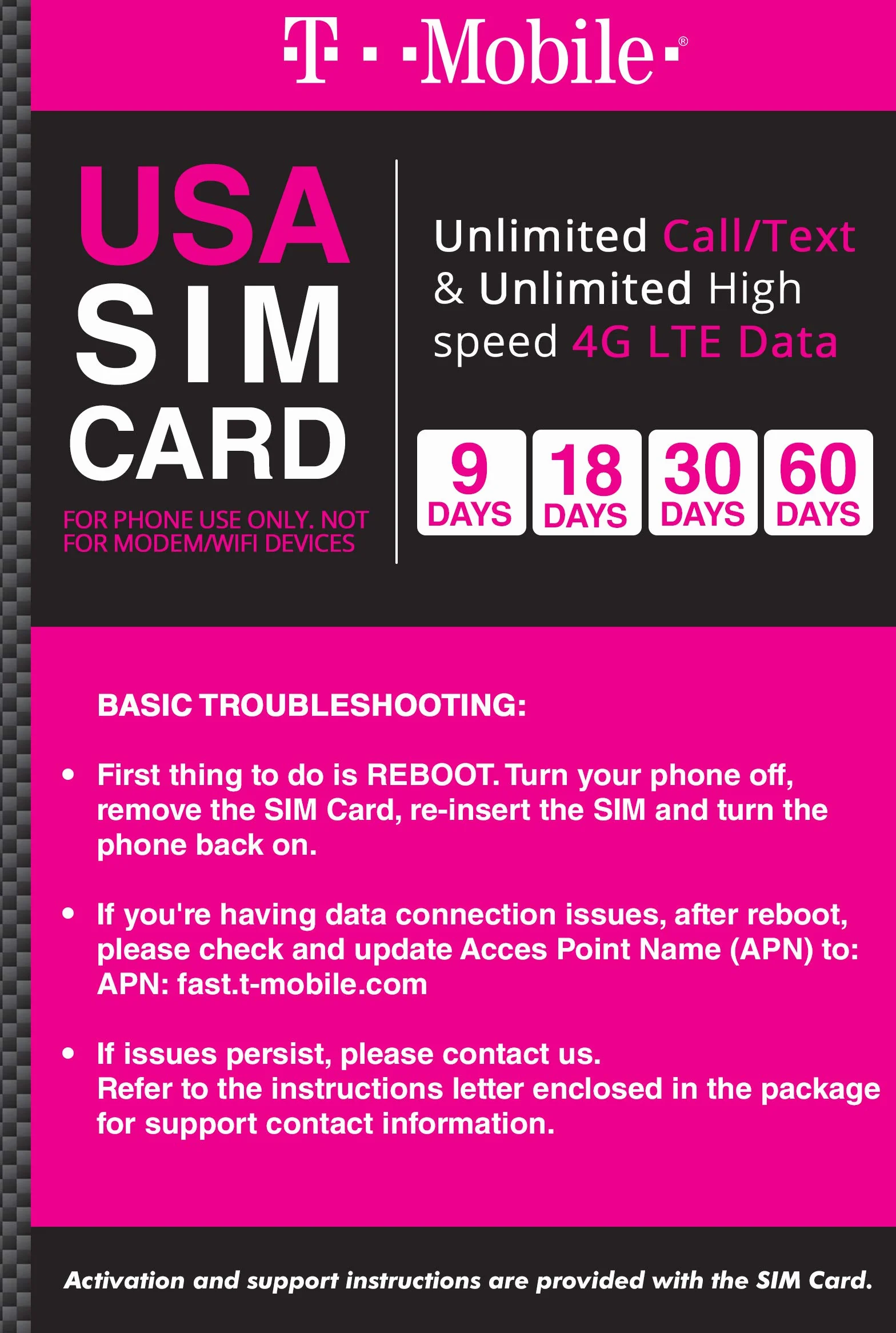 T-Mobile USA Prepaid Travel SIM Card 4G LTE Unlimited Call SMS Data 30 dni