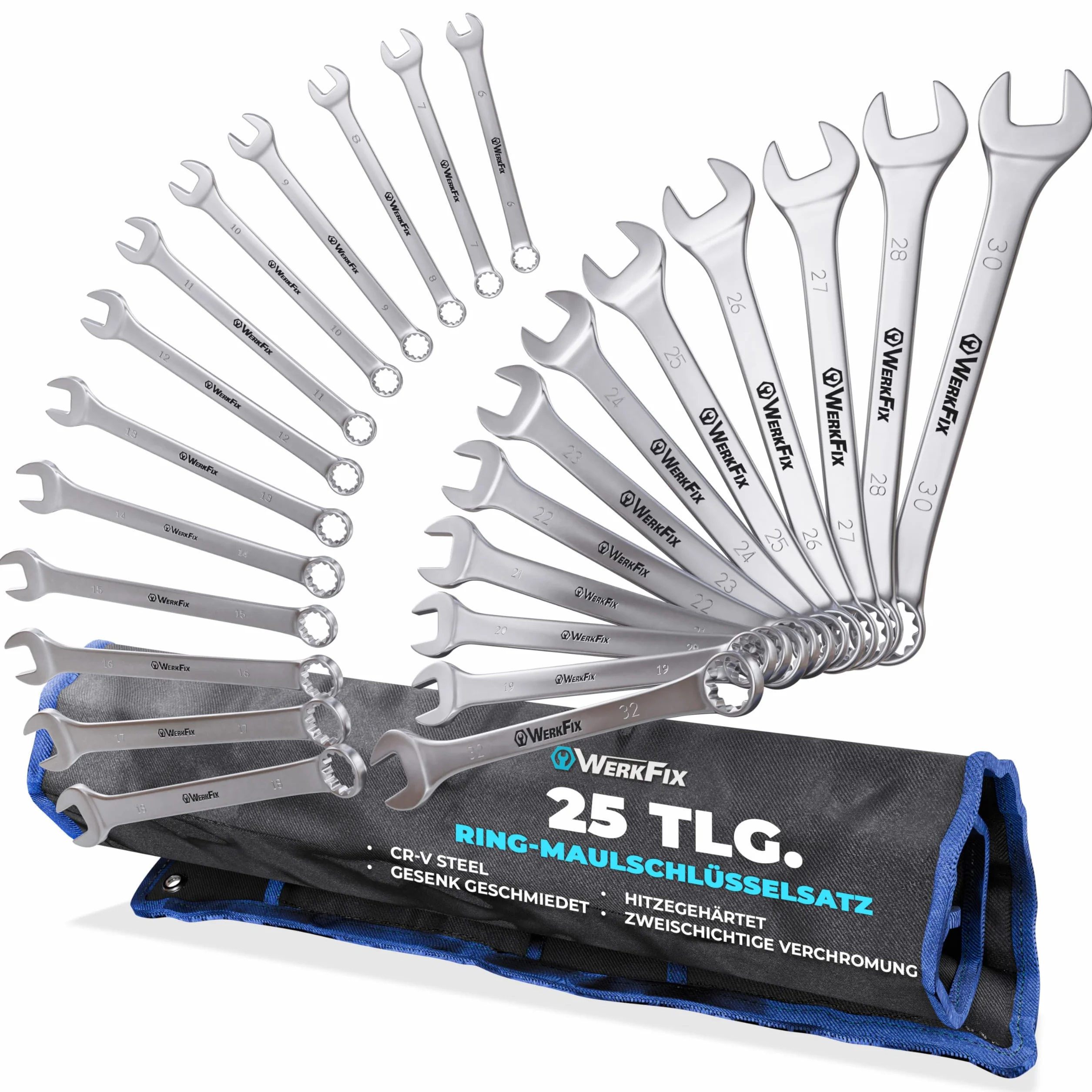 S&R WerkFix 25-częściowy zestaw kluczy płasko-oczkowych 6-32 mm ze stali CrV, klucze widełkowe oznaczone laserowo, matowane, w torbie