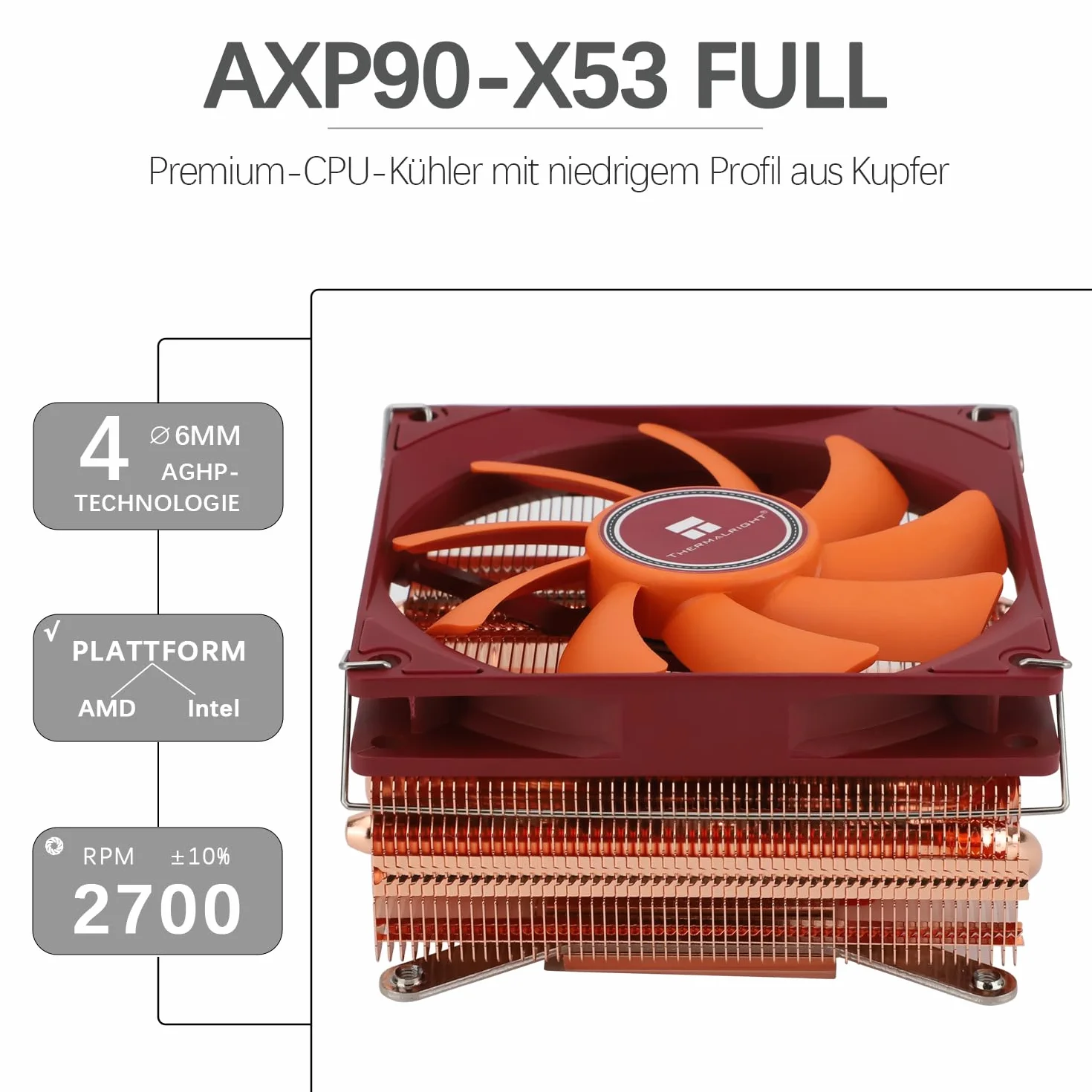 TR-Thermalright AXP90 X53 Full CPU Cooler-53 mm wysokość, cichszy wentylator 92 mm Low Profile - 2700 obr./min, do AM4/AM5, Intel LGA1851/1700/115x/1200, niski profil ITX PC chłodnica z czystej miedzi