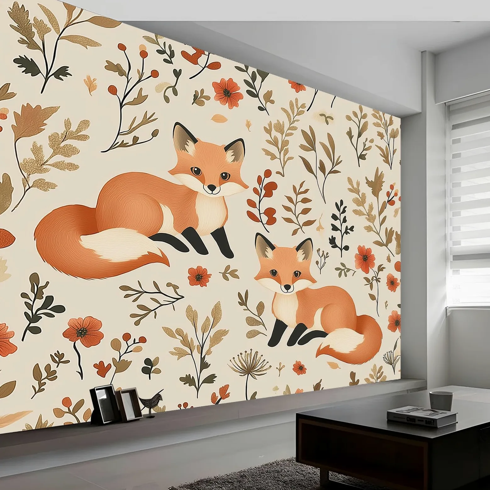 Fototapeta 300 x 210 cm Zwierzęta Lisy Kwiaty Nowoczesne Rośliny Dekoracja ścienna Plakat Projekt Włóknina Dekoracja ścienna do salonu Sypialni, Beżowy