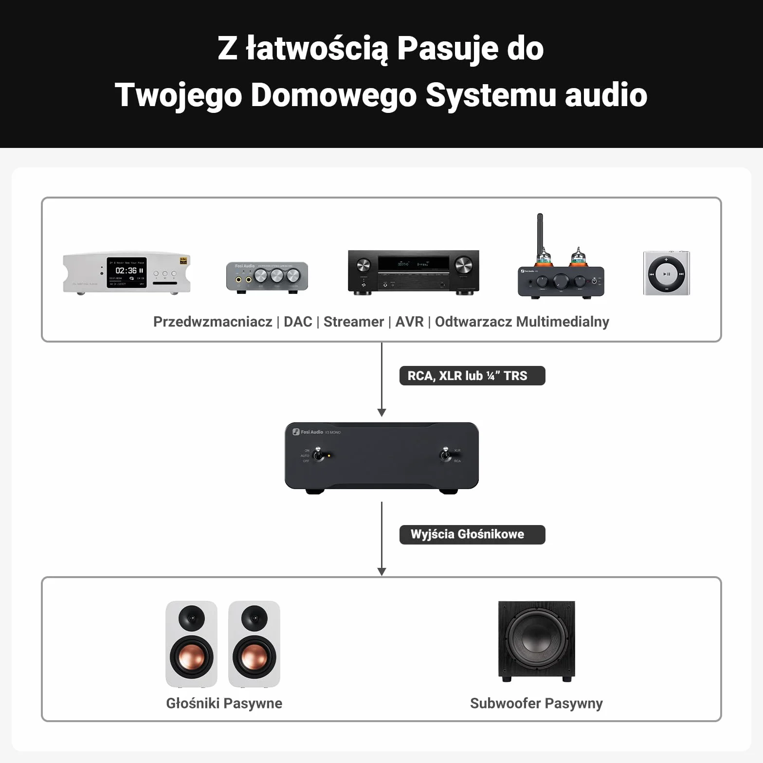 Fosi Audio Due V3 Mono HiFi Audio Amplifier 240W TPA3255 Wzmacniacz Monoblokowy Klasy D Zbalansowane Wejścia RCA/XLR 48V/10A