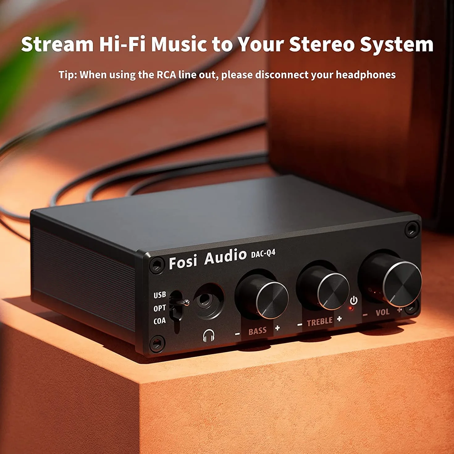 Fosi Audio Q4 Wzmacniacz Słuchawkowy DAC, Mini Stereofoniczny Wzmacniacz Cyfrowo-Analogowy, USB COAX OPT do 3,5 mm Gniazda AUX RCA, do Aktywnych Głośników Zasilanych z Komputera Stacjonarnego