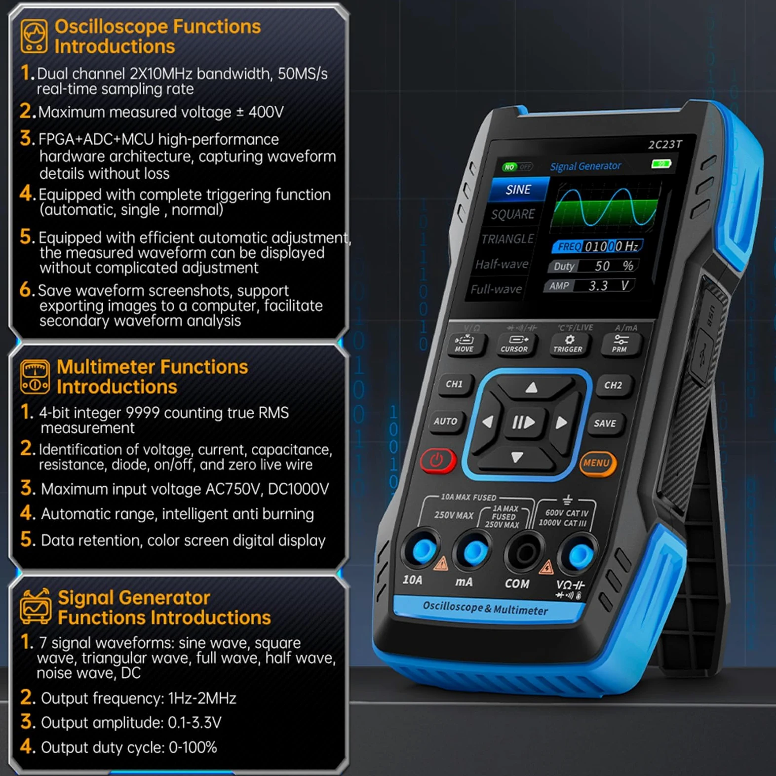 DollaTek 3 w 1 oscyloskop cyfrowy multimetr generator sygna?u o przepustowo?ci 10 MHz cz?stotliwo?? próbkowania 50 MSa/s TRMS 9999 liczba kana?ów podwójne narz?dzia samochodowe