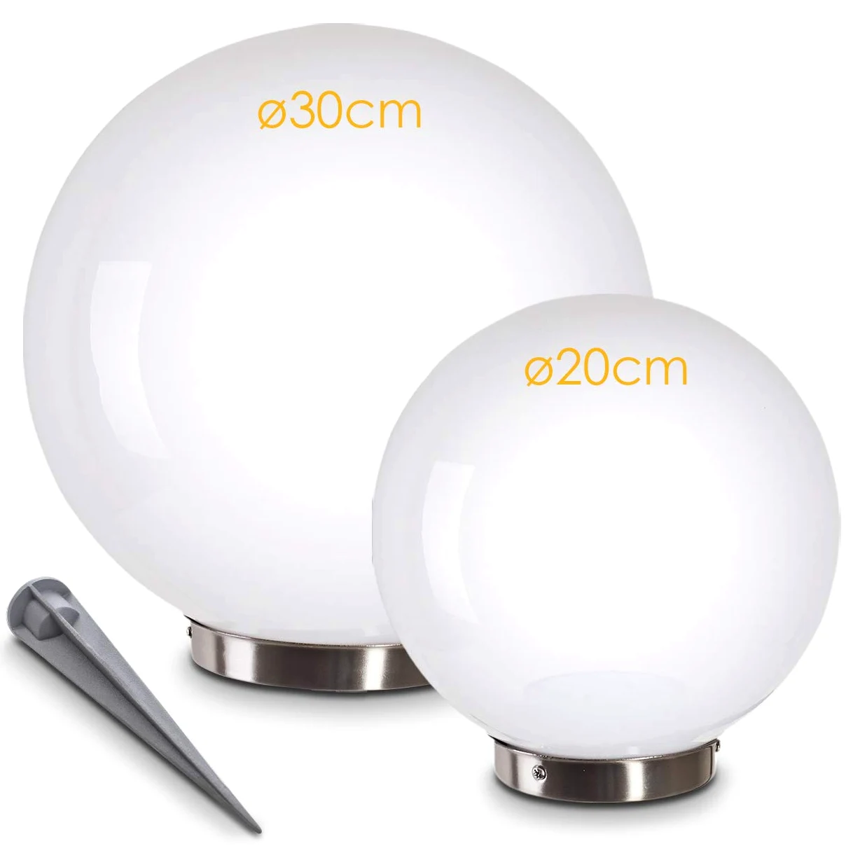 Lampa solarna Nassau, zestaw 2 lamp kulistych, lampy kuliste wykonane z białego tworzywa sztucznego, Ø 20 i 30 cm szpikulec uziemiający, włącznik/wyłącznik, lampy solarne, wyłącznik zmierzchowy