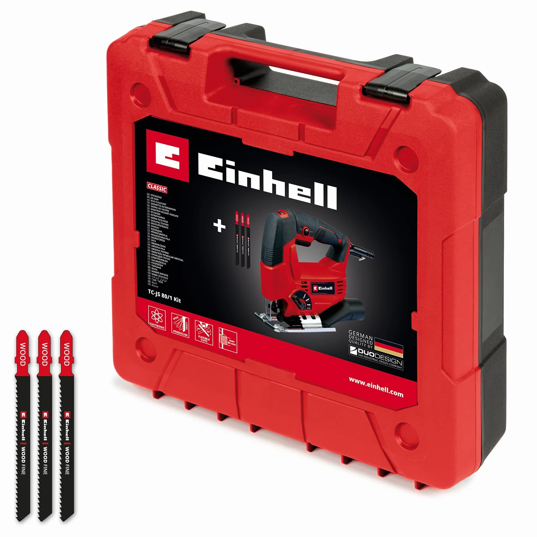 Einhell Wyrzynarka TC-JS 80/1 Kit (550 W, wysokość skoku 20 mm, funkcja skoku wahadła, głębokość cięcia 80 mm w drewnie, 10 mm w stali, 3000 obr./min, w tym 3 brzeszczoty z trzonkiem T)