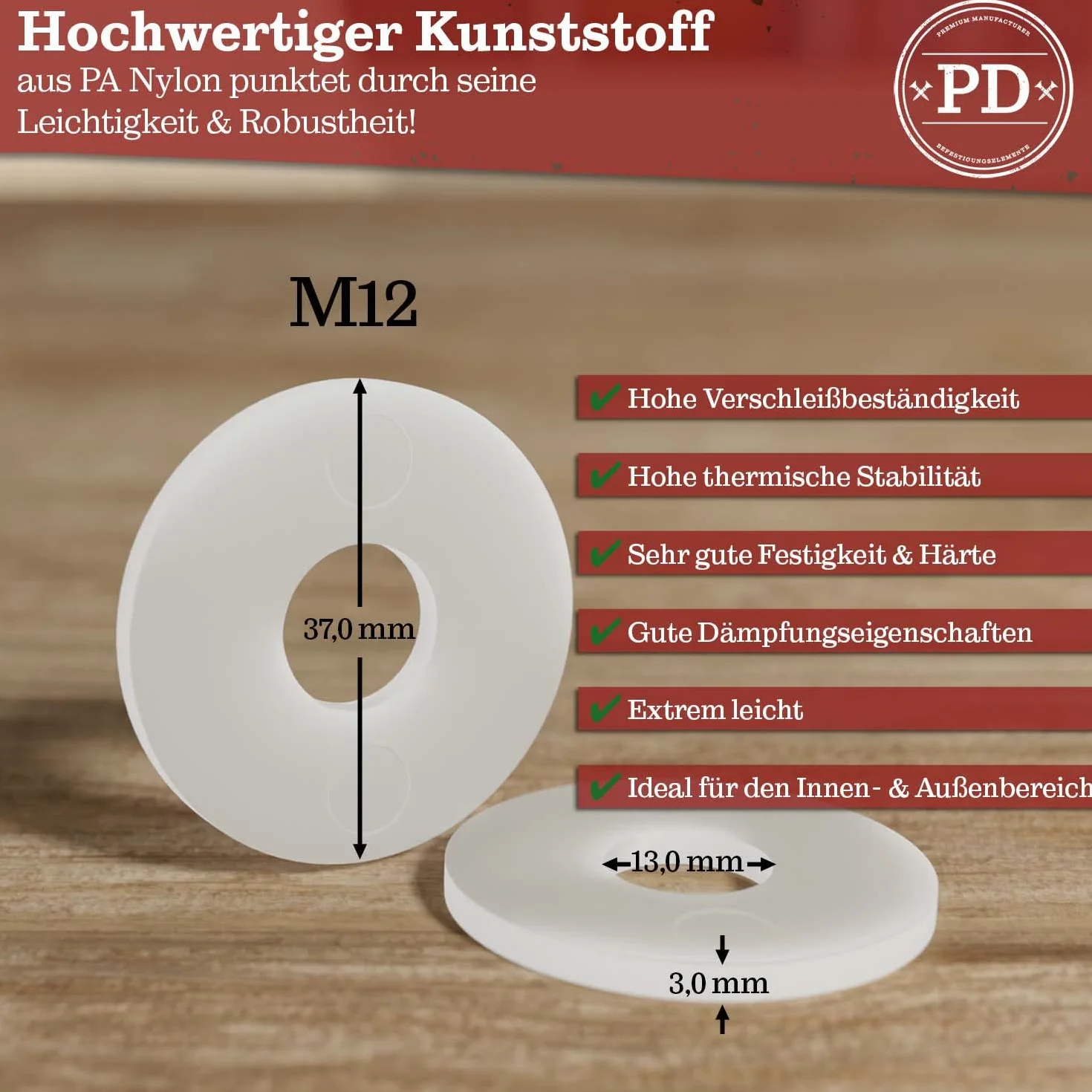Duże podkładki z tworzywa sztucznego PA poliamid/nylon podkładki DIN 9021 (nylon, 10 x M12)