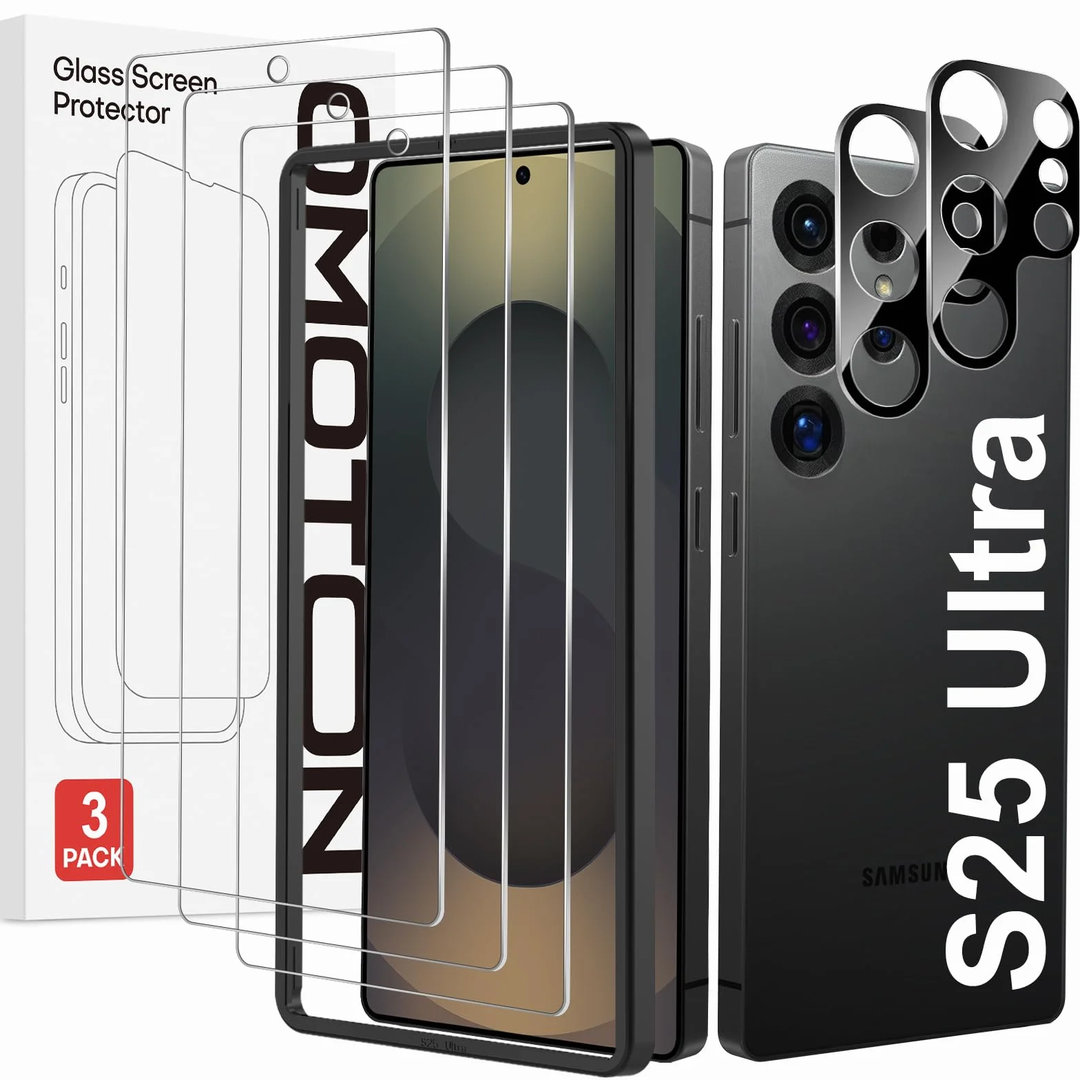 OMOTON szkło hartowane do Samsung Galaxy S25 Ultra, 3 folie + 2 osłony obiektywu, odblokowanie linii papilarnych