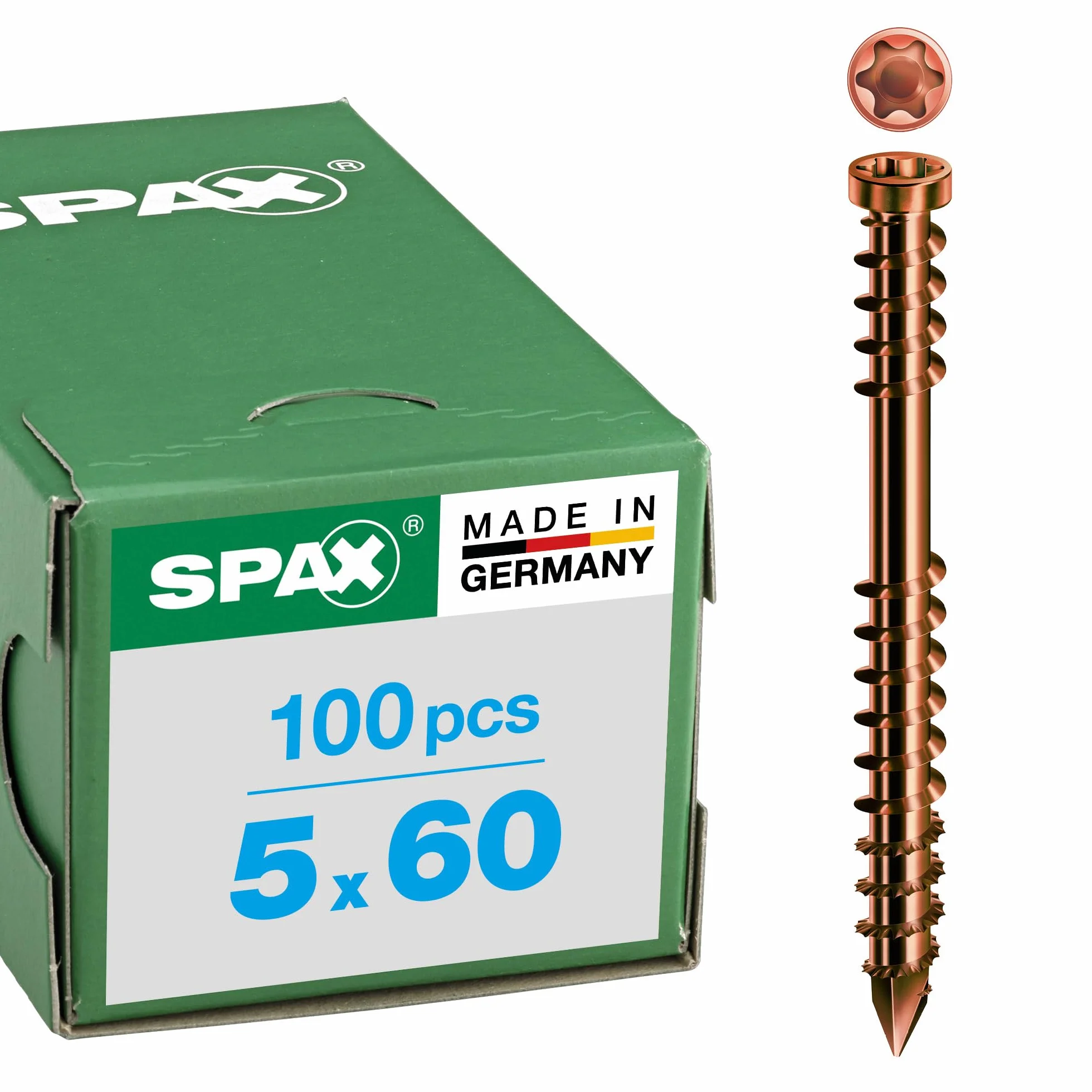SPAX Śruba tarasowa ze stali nierdzewnej A2, 5,0 x 60 mm, 100 sztuk, T-STAR plus, głowica cylindra, gwint mocujący, końcówka CUT, antyczna, 0537900500603