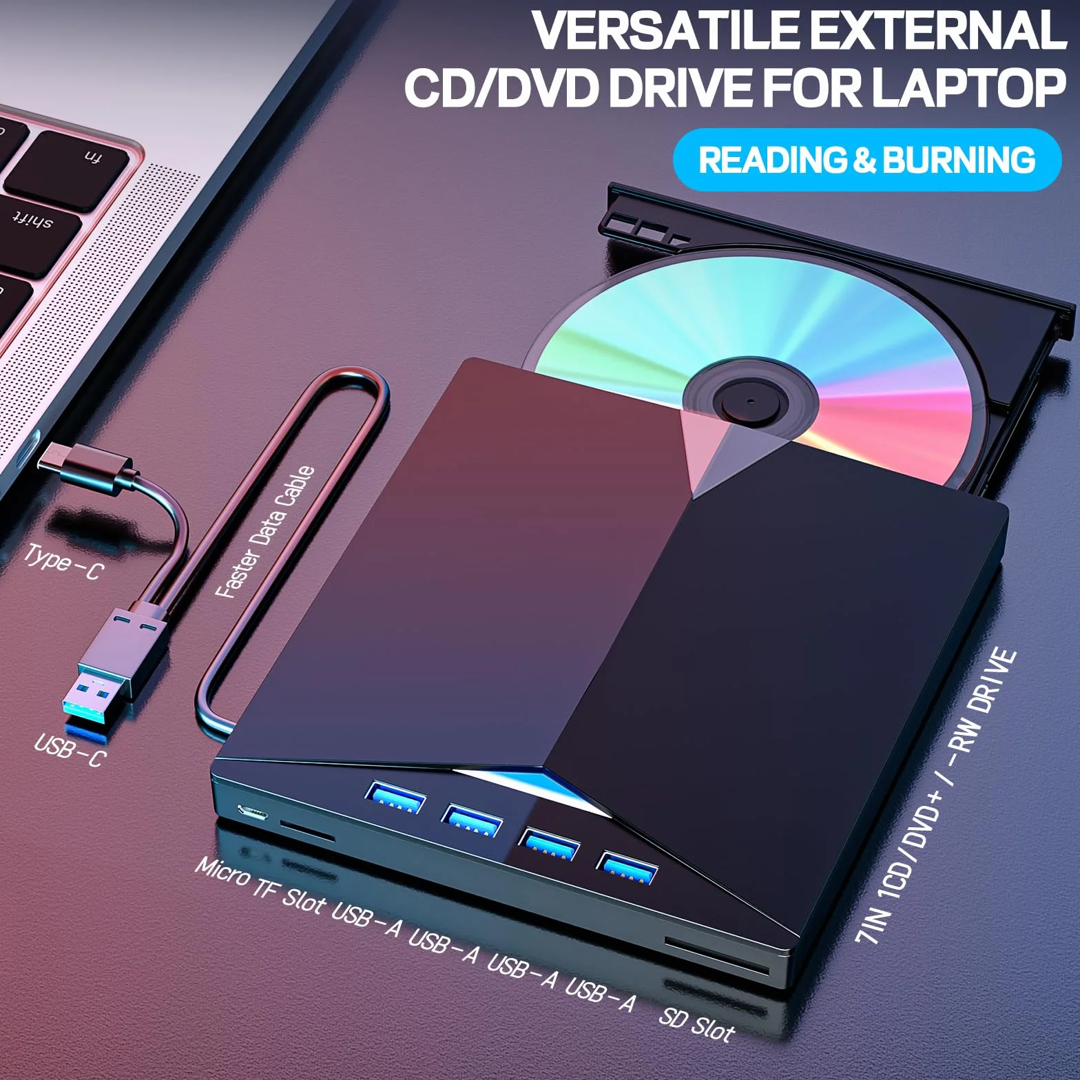 Przenośny zewnętrzny odtwarzacz DVD CD USB 3.0 typ C do PC laptop D02