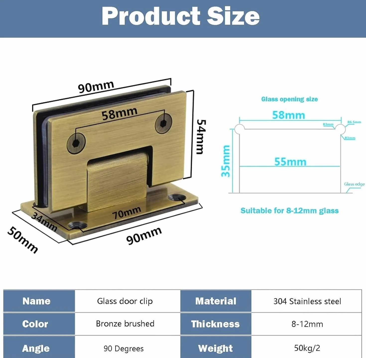 Glass Shower Door Hinges,Shower Glass Hinge,2 Pack 304 Stainless Steel Glass Door Hinges, Bronze 90° Swing Door Shower Hinges, 8-12mm Two-Way Bathroom Glass Clamp