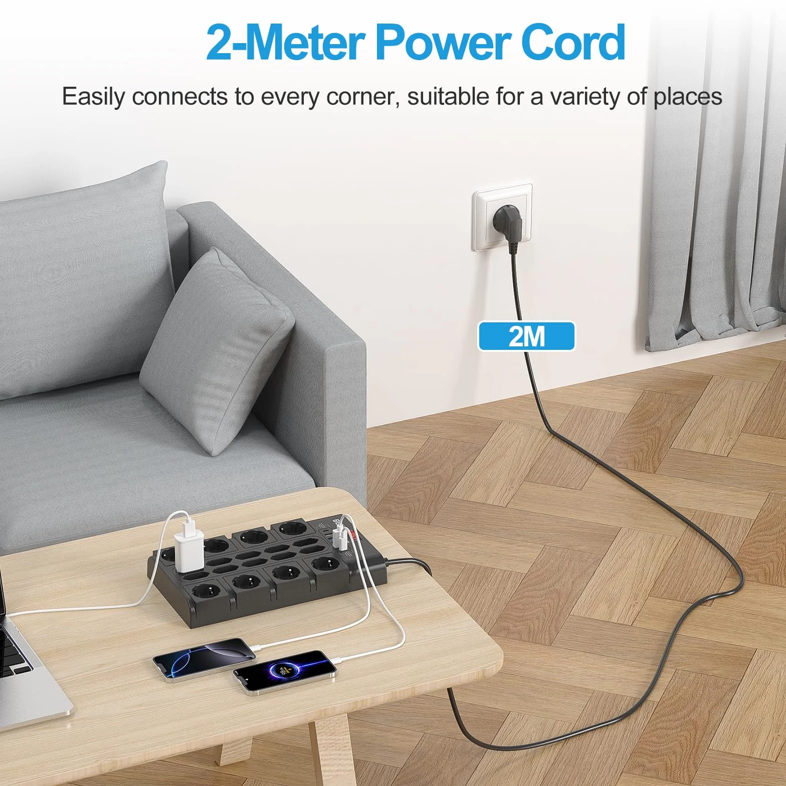 BEVA Listwa Zasilająca 3680W 16A 18 Gniazd AC 4xUSB-A 2xUSB-C Złodziej Wtyczka 2M