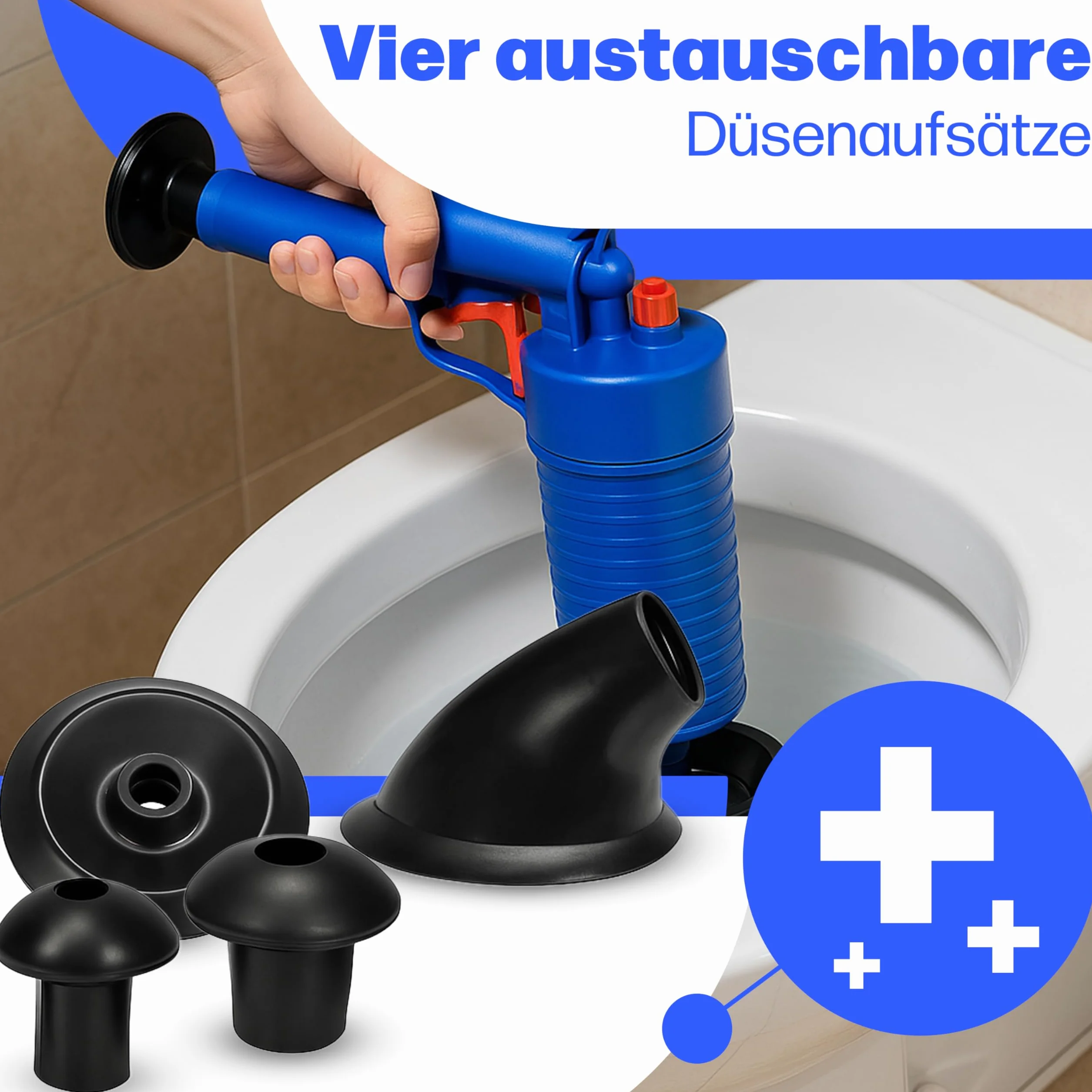 Retoo Pistolet do czyszczenia rur, preparat z 4 gumowymi adapterami, sprężone powietrze, urządzenie do usuwania zatorów rur do toalety, prysznica, umywalki, toalety, kuchni, niebieski