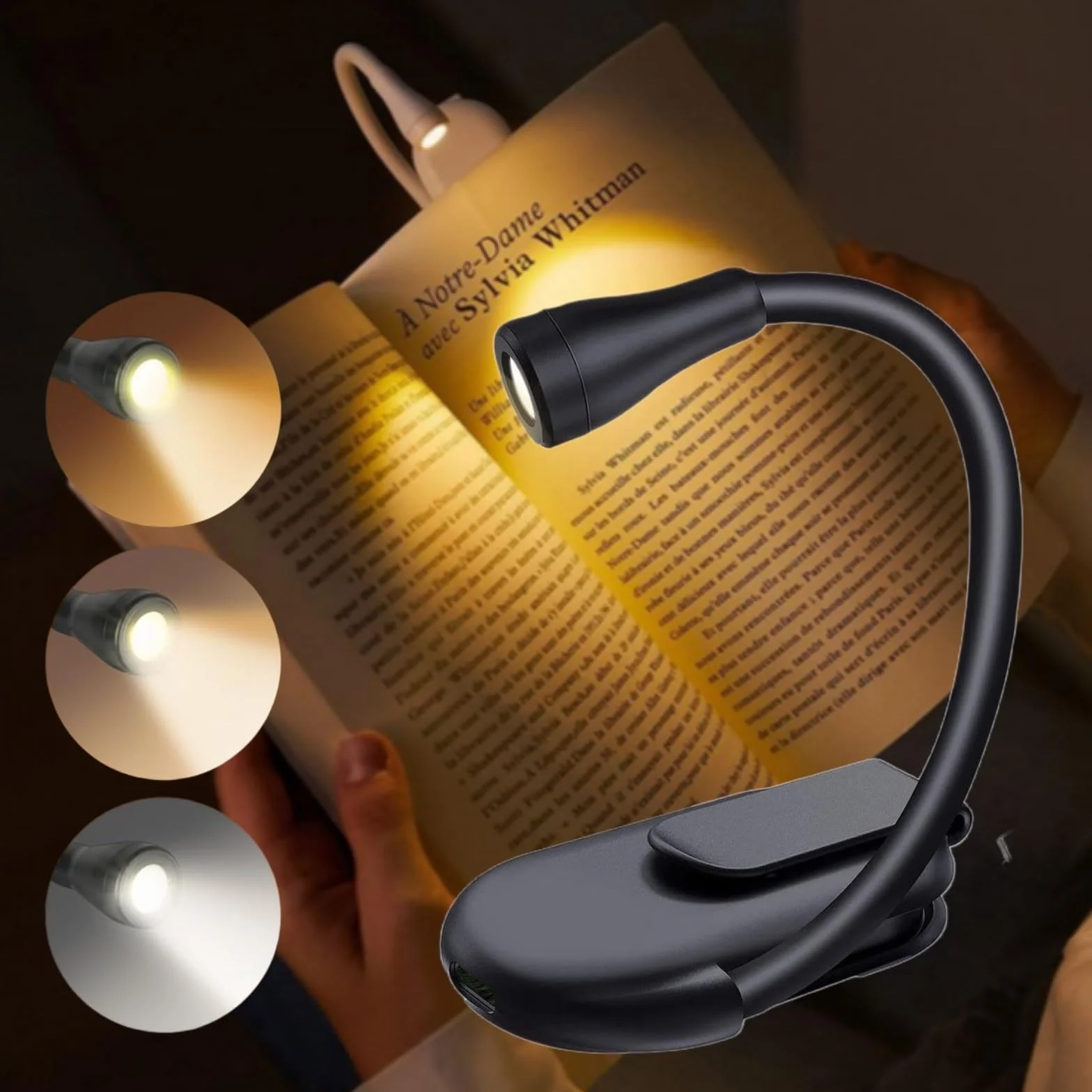 Zaciskana lampa do czytania, czytnik e-booków LED, 360°, zacisk, regulowana jasność, 3 kolory, przenośna, do pracy w podróży