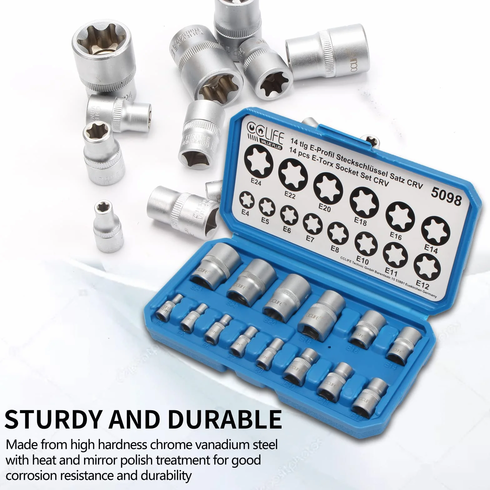 CCLIFE Zestaw kluczy nasadowych torx E-profil, E4-E24, 1/4, 3/8, 1/2 cala, 14 szt.