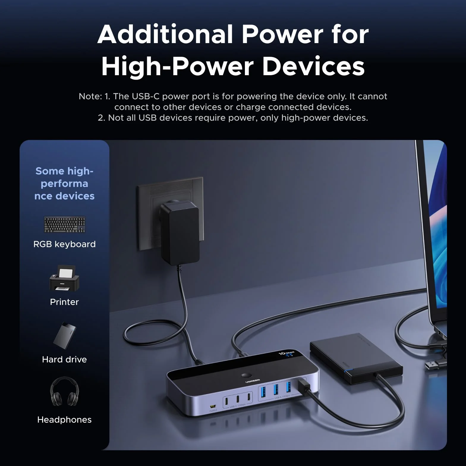 UGREEN Przełącznik USB 10Gbps USB-C 7 portów 3C4A z pilotem i kablem