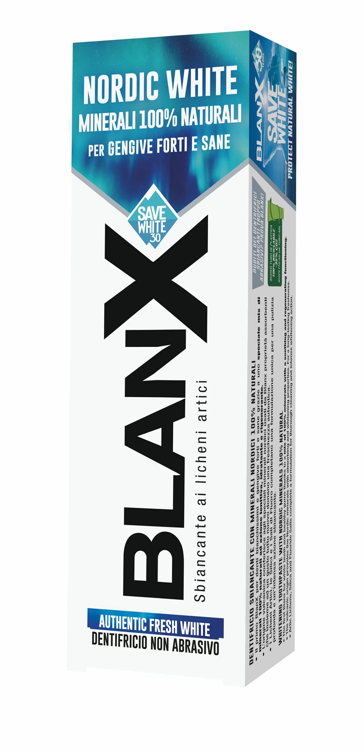 BlanX, Nordic White pasta do zębów przeciw plamom, w 100% z naturalnych włókien, uspokajająca i regenerująca, natychmiastowa świeżość, format 75 ml