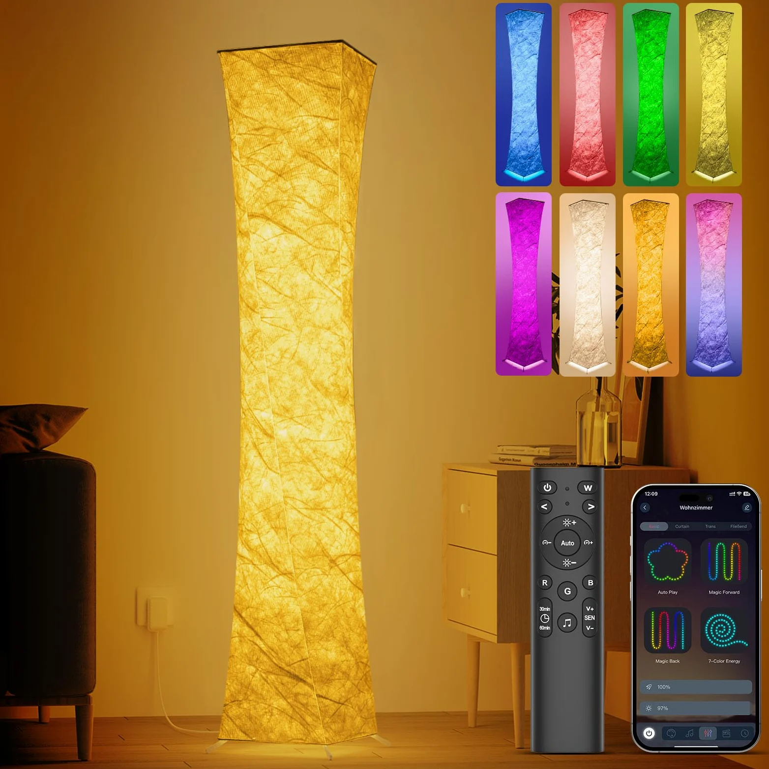 ANTENLICHT Lampa stojąca RGB do salonu, ściemniana, 155 cm, lampa stojąca LED z synchronizacją muzyki, zmiana koloru, lampa narożna, lampa RGB do salonu, sypialni, pokoju zabaw, pilot zdalnego