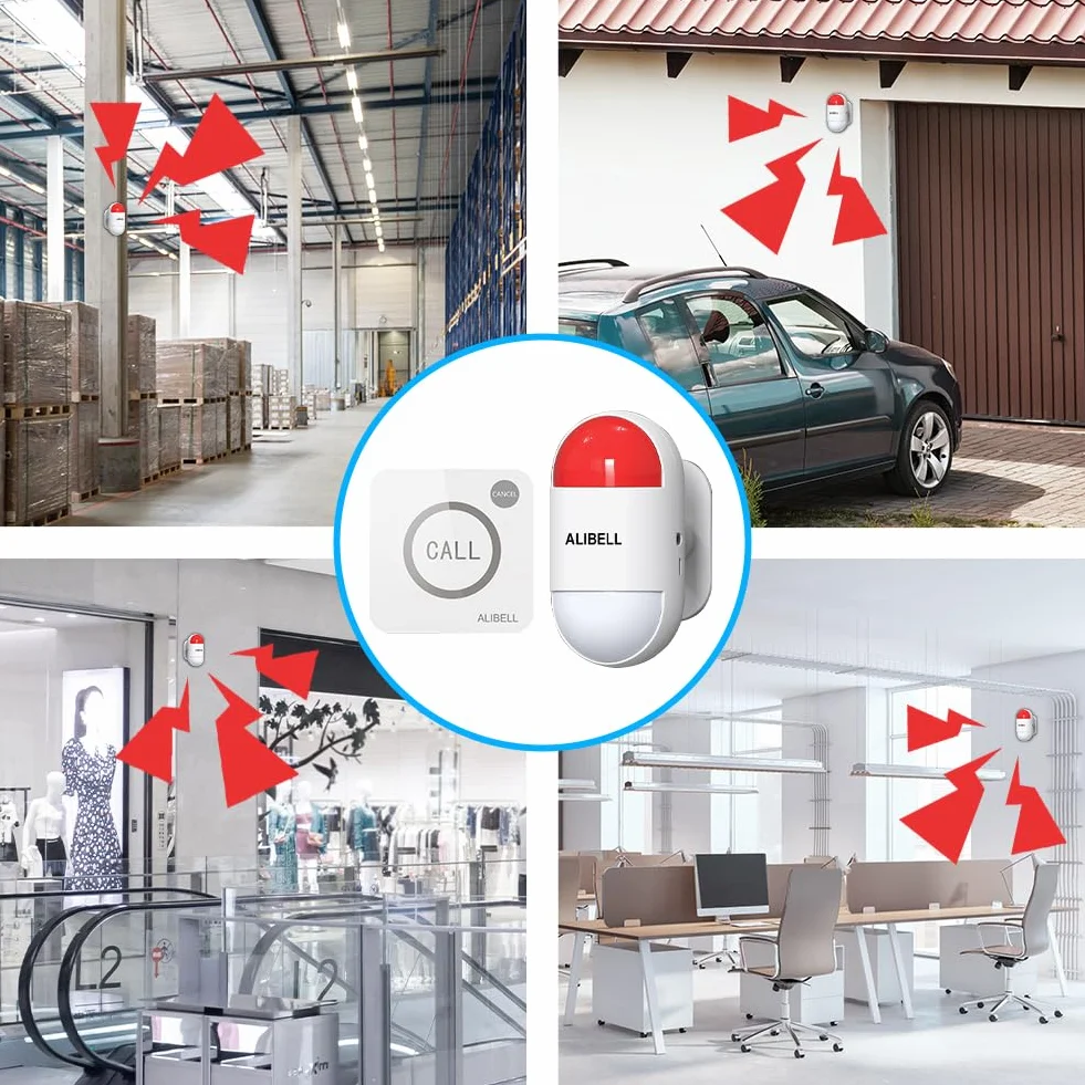 ALIBELL Syrena osobista 120 dB, przycisk awaryjny, system bezpieczeństwa do domu/sklepu/fabryki, 2 przyciski alarmowe + 1 syrena (zasilanie bateryjne i ładowanie przez USB)