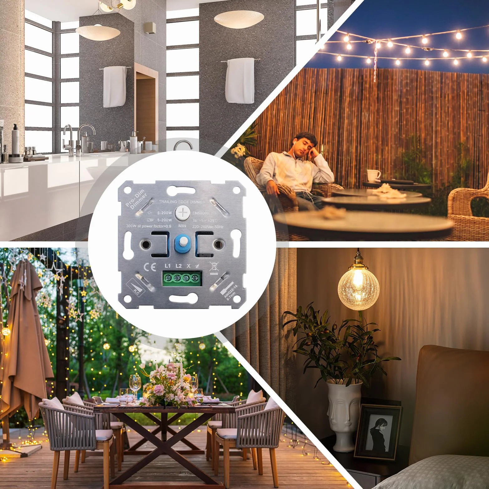 Ściemniacz LED, ściemniacz LED, przełącznik ściemniania Trailing Edge, 250 W, podtynkowy ściemniacz obrotowy, włącznik światła do ściemnianych lamp LED, żarówki i lampy halogenowej, biały, 86 × 86 ×