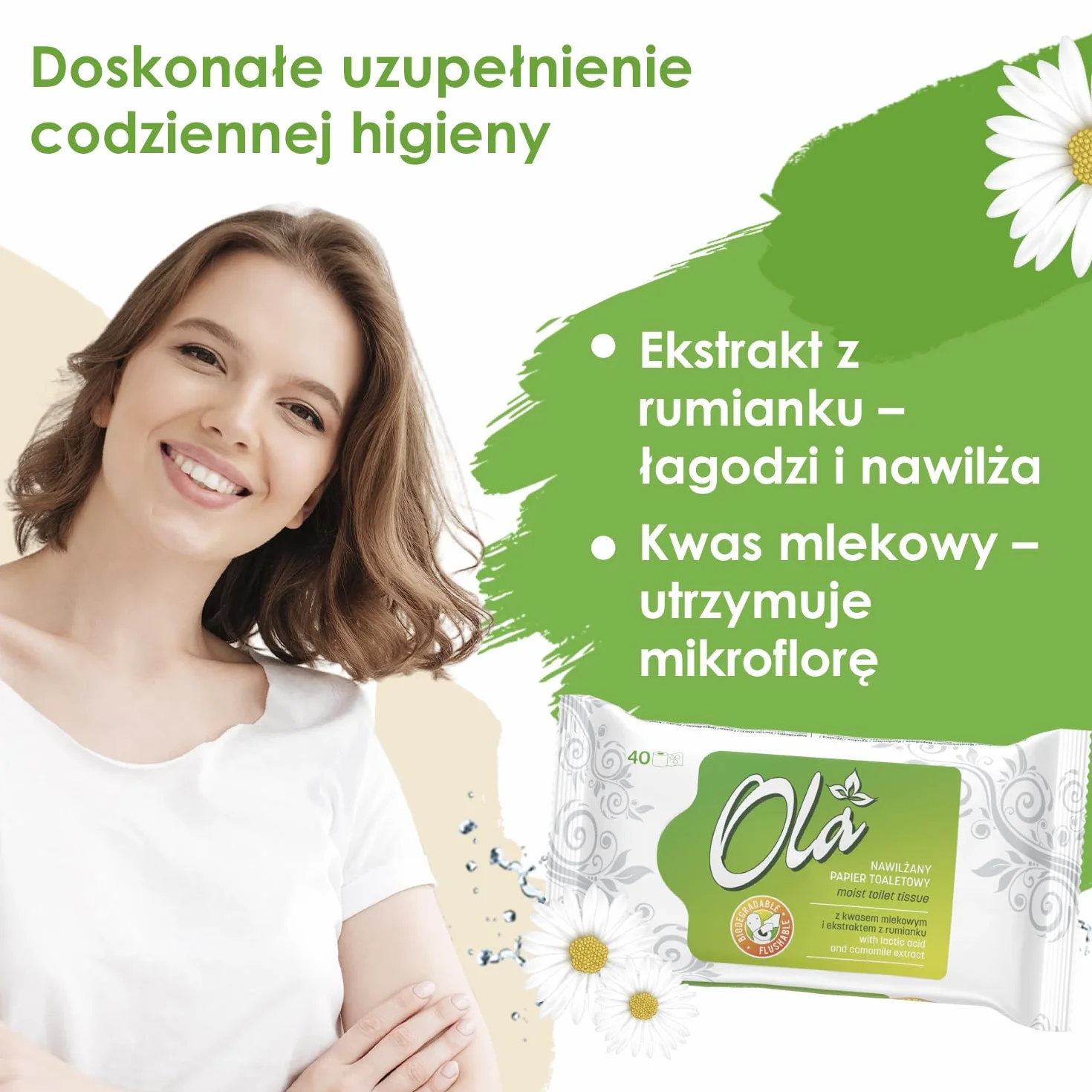 OLA Nawilżany papier toaletowy z ekstraktem z rumianku i kwasem mlekowym - spłukiwalny - Połączenie nawilżanego papieru i mokrej chusteczki - oczyszcza okolice intymne - do skóry wrażliwej - 40 sztuk
