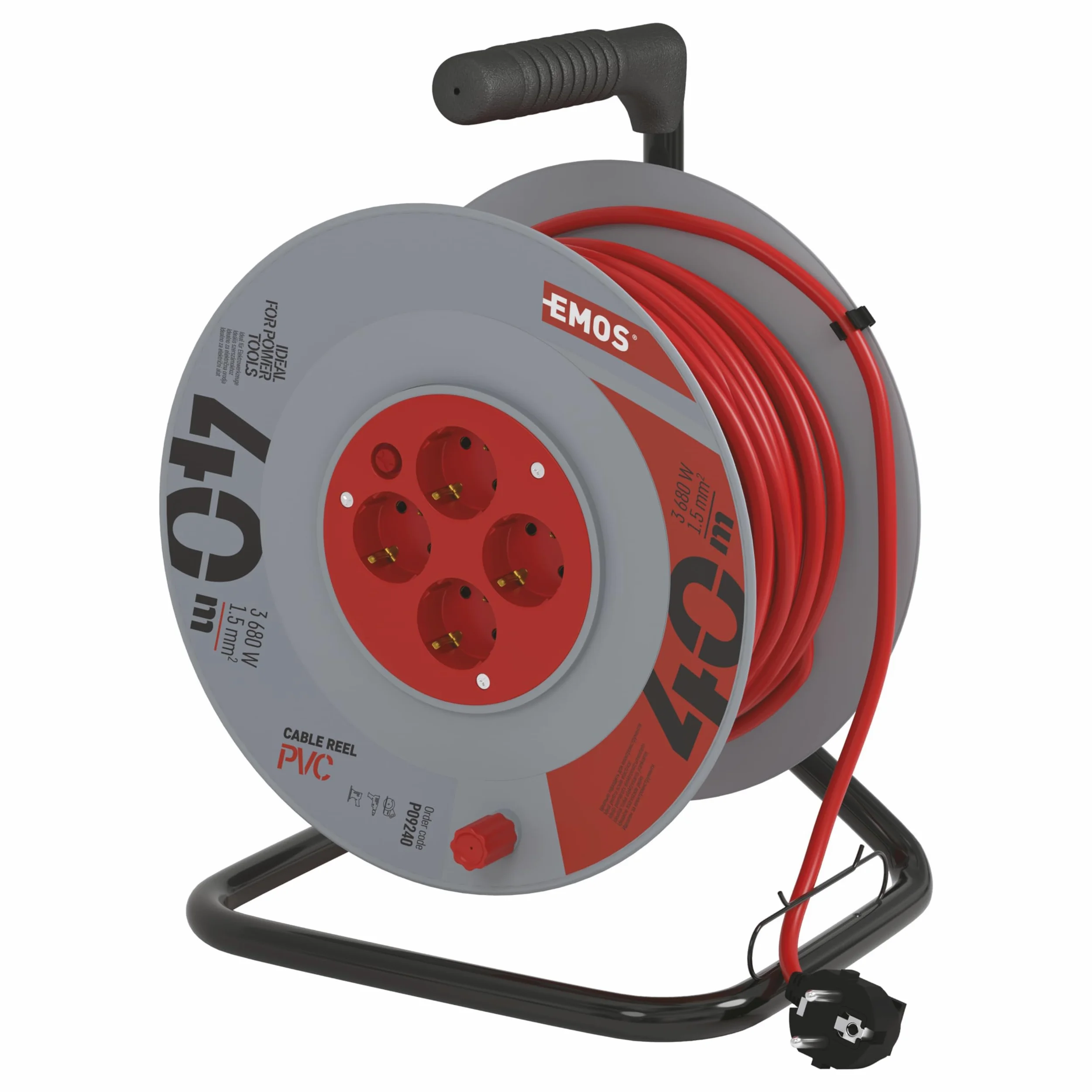 EMOS - Bęben kablowy 40 m – 4 gniazda Schuko – 230 V, 16 A, 3680 W – wysokiej jakości izolacja PCW – H05VV-F3G 1,5 mm² – zabezpieczenie przed przegrzaniem – IP20 do użytku wewnątrz pomieszczeń