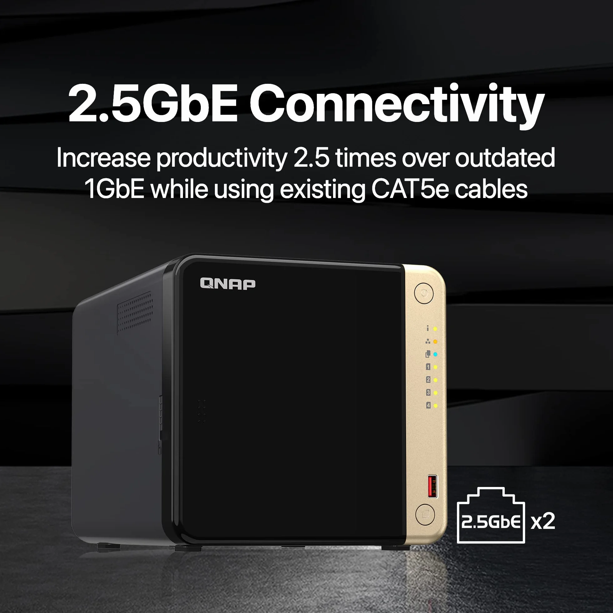 QNAP TS-464-8G-US 4-kieszeniowy wysokowydajny komputer NAS z czterordzeniowym procesorem Intel Celeron, gniazda PCIe M.2 i podwójne 2,5 GbE (2,5 G/1G/100 m) łączność sieciowa (bezdyskowa)