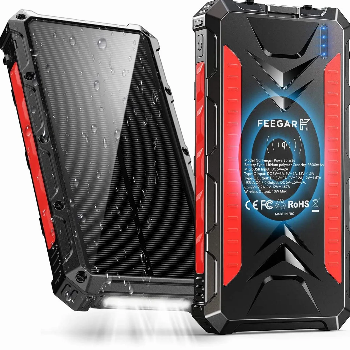 Feegar Solar Powerbank, 36000mah Wireless Power Bank, Ładowarka słoneczna PD20W szybkie ładowanie USB A/C 4 wyjścia i oświetlenie kempingowe, Kompatybilny z aparatem iPhone Smartphone iPad i nie tylko