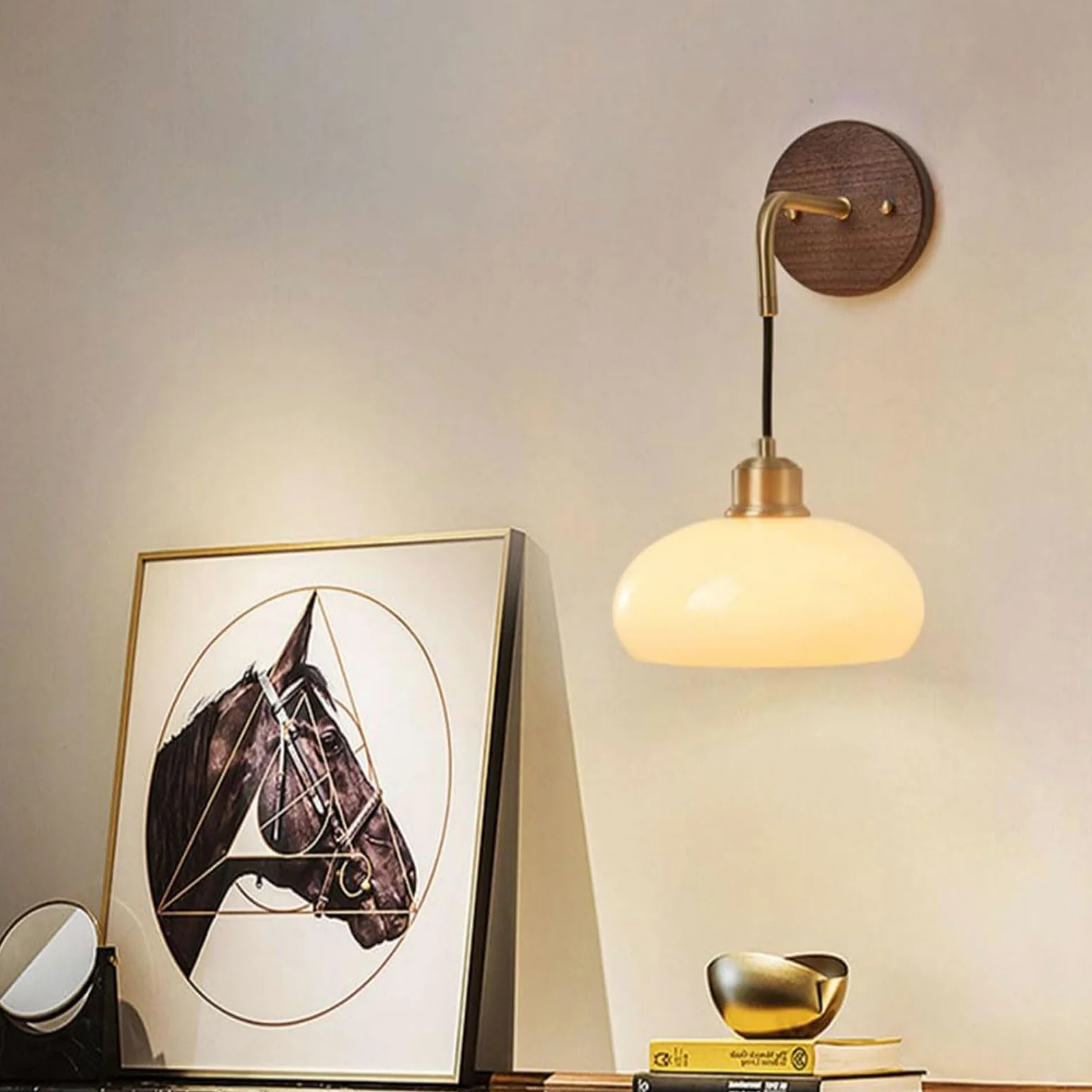 Regulowana Lampa ścienna W Stylu Retro Z Orzecha Włoskiego, Z Mosiężną Podstawą E27, Wiszącym Kloszem Z Kremowego Szkła, Odpowiednia Do Oświetlenia Ogrodu (1 Pack)