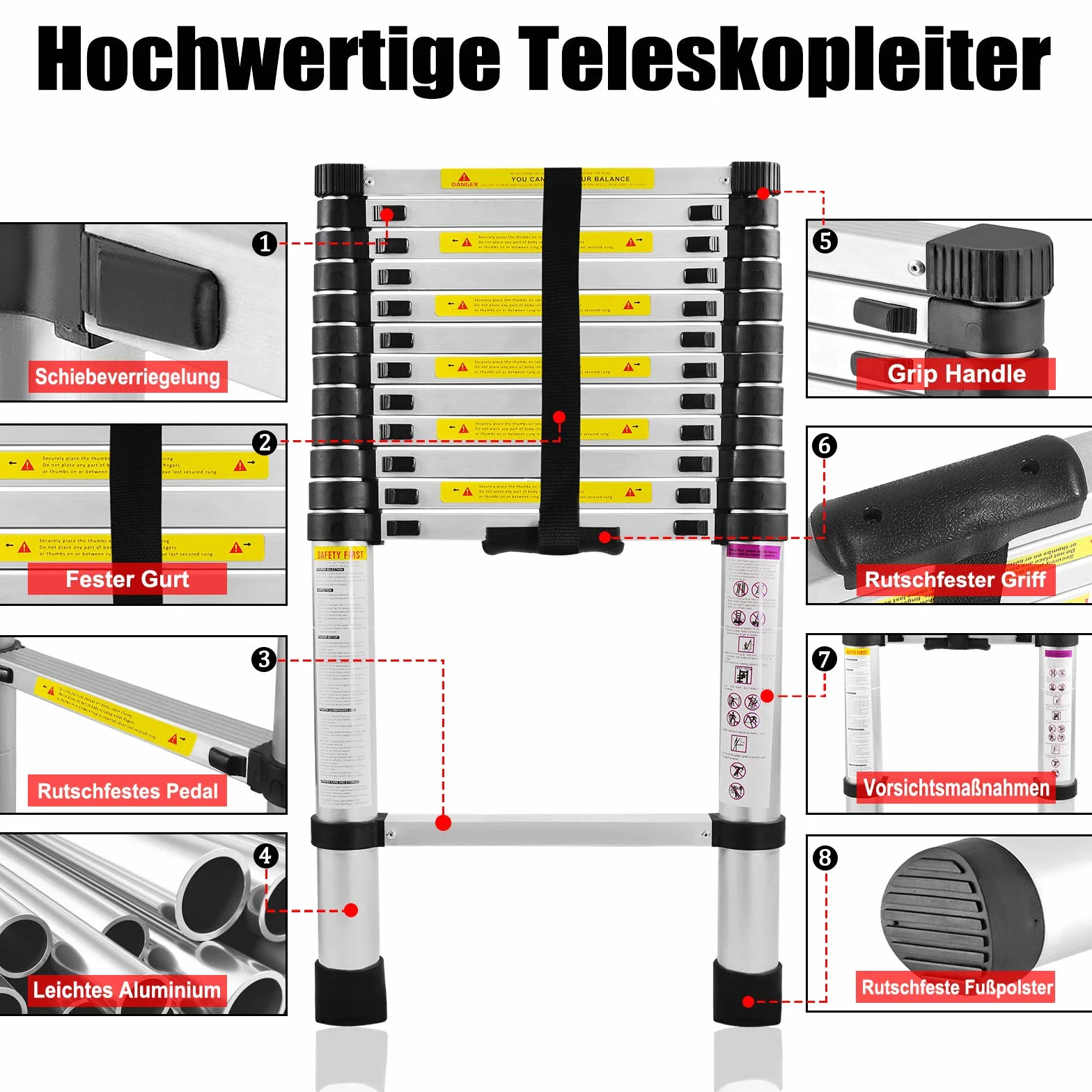 UISEBRT Aluminiowa drabina teleskopowa, 2,6 m, rozsuwana, wielofunkcyjna, antypoślizgowa, uniwersalna, aluminiowa drabina stojąca, obciążenie do 150 kg, srebrna